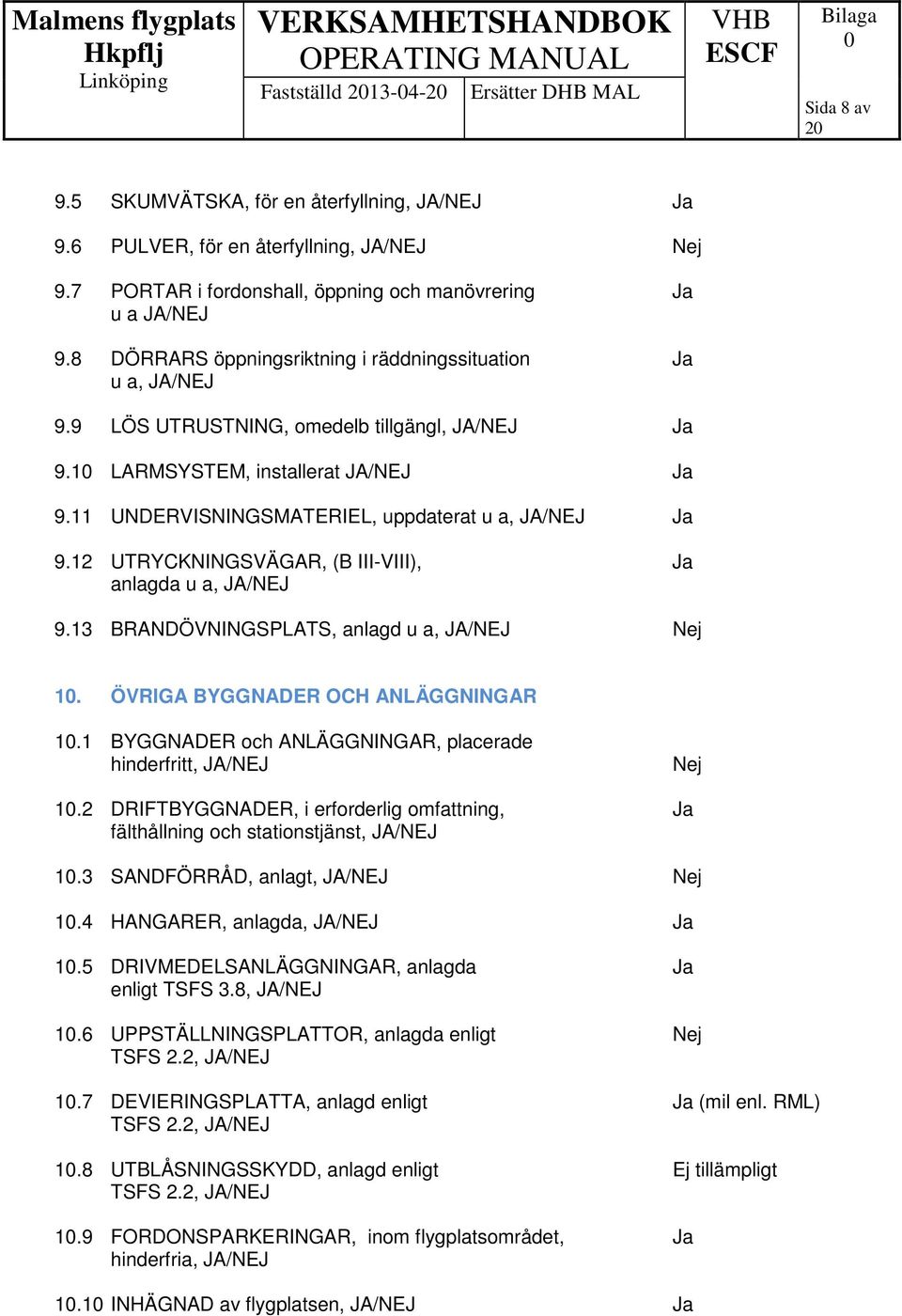 12 UTRYCKNINGSVÄGAR, (B III-VIII), anlagda u a, JA/NEJ 9.13 BRANDÖVNINGSPLATS, anlagd u a, JA/NEJ Nej 1. ÖVRIGA BYGGNADER OCH ANLÄGGNINGAR 1.