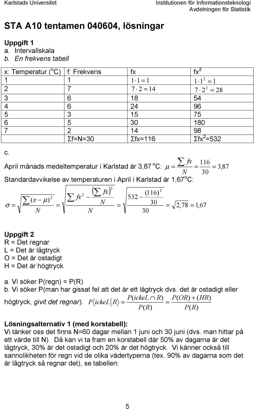 April månads medeltemperatur i Karlstad är 3,87 o 116 C: = f µ = = 3, 87 N 30 Standardavvikelse av temperaturen i April i Karlstad är 1,67 o C: ( f) (116) ( µ) f 53 σ = = N = 30 =,78 = 1, 67 N N 30