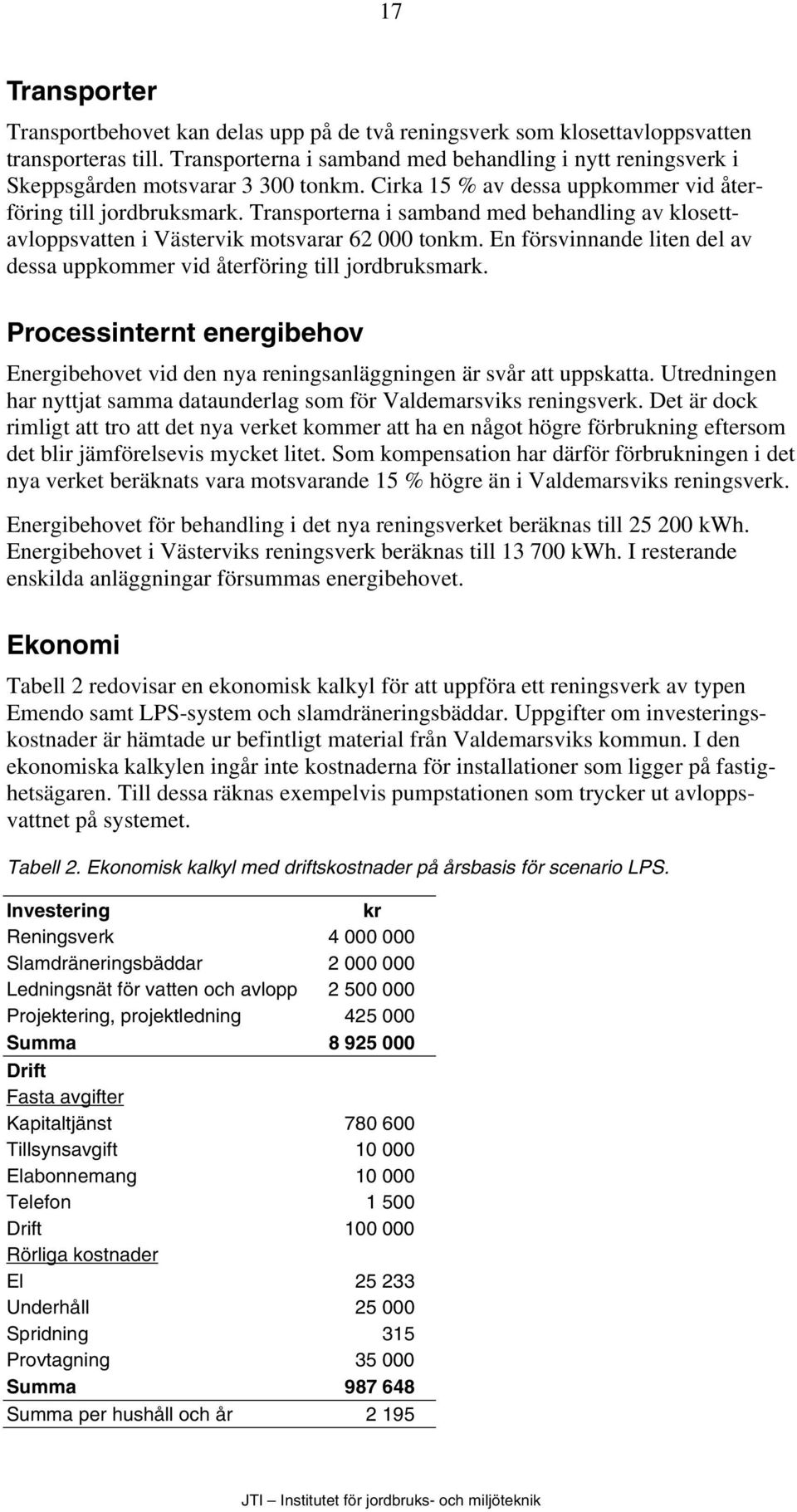 Transporterna i samband med behandling av klosettavloppsvatten i Västervik motsvarar 62 000 tonkm. En försvinnande liten del av dessa uppkommer vid återföring till jordbruksmark.