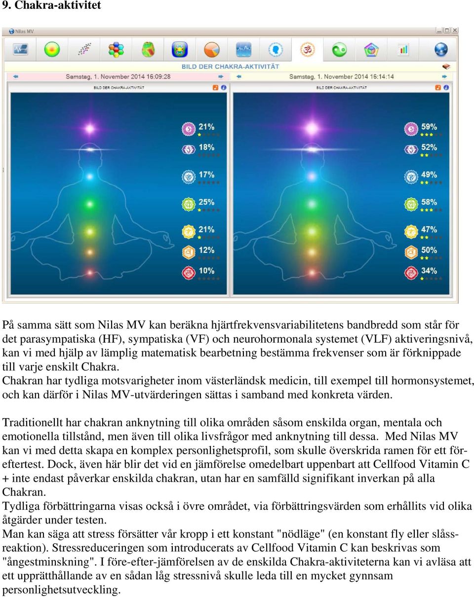 Chakran har tydliga motsvarigheter inom västerländsk medicin, till exempel till hormonsystemet, och kan därför i Nilas MV-utvärderingen sättas i samband med konkreta värden.