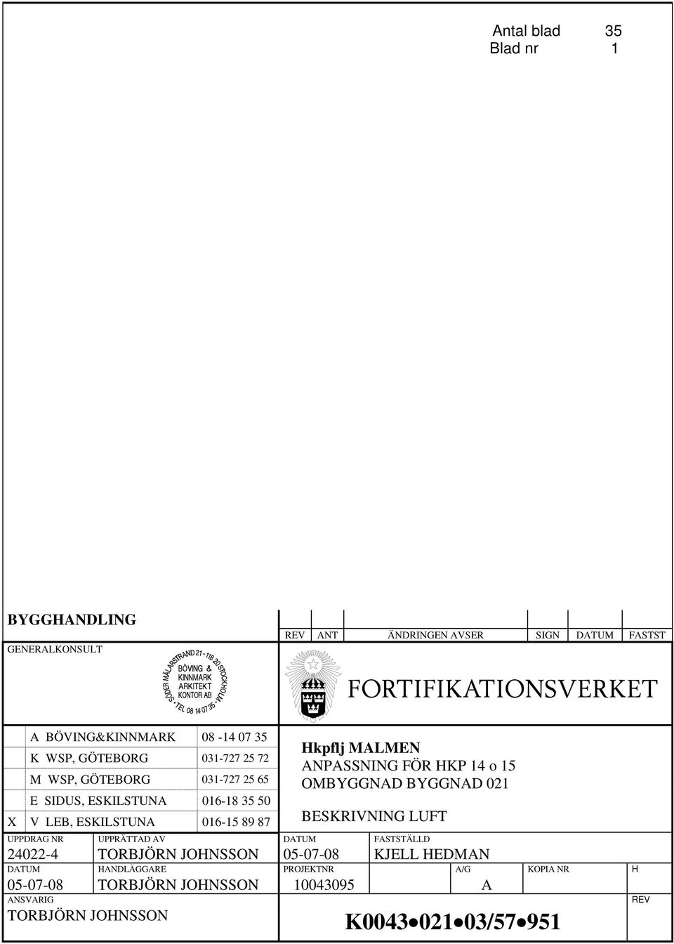 ANPASSNING FÖR HKP 14 o 15 OMBYGGNAD BYGGNAD 021 BESKRIVNING LUFT UPPDRAG NR UPPRÄTTAD AV DATUM FASTSTÄLLD 24022-4 DATUM TORBJÖRN