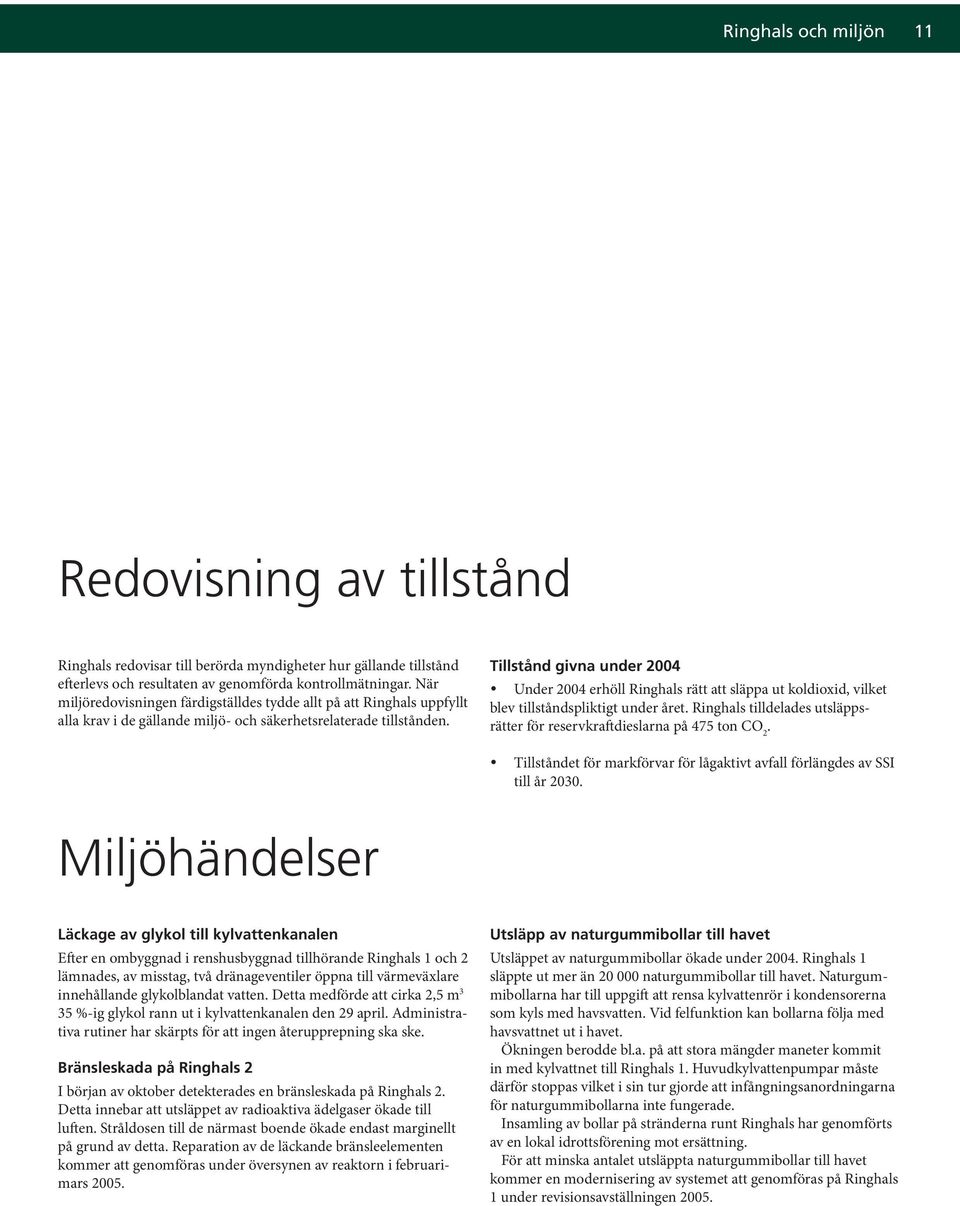 Tillstånd givna under 2004 Under 2004 erhöll Ringhals rätt att släppa ut koldioxid, vilket blev tillståndspliktigt under året.