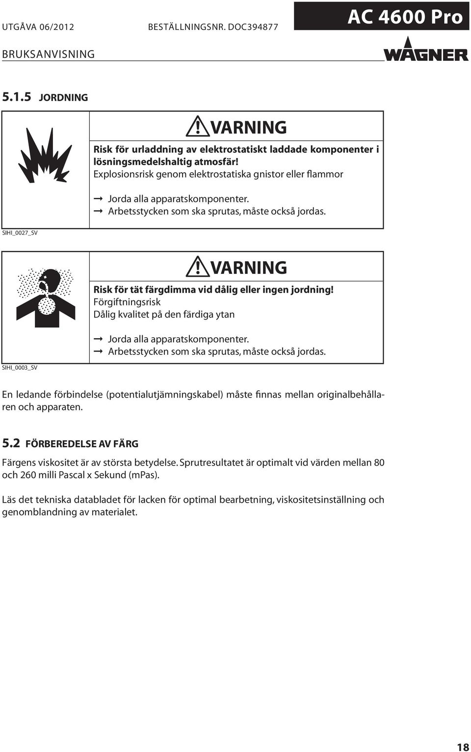 SIHI_0027_SV VARNING Risk för tät färgdimma vid dålig eller ingen jordning! Förgiftningsrisk Dålig kvalitet på den färdiga ytan Jorda alla apparatskomponenter.