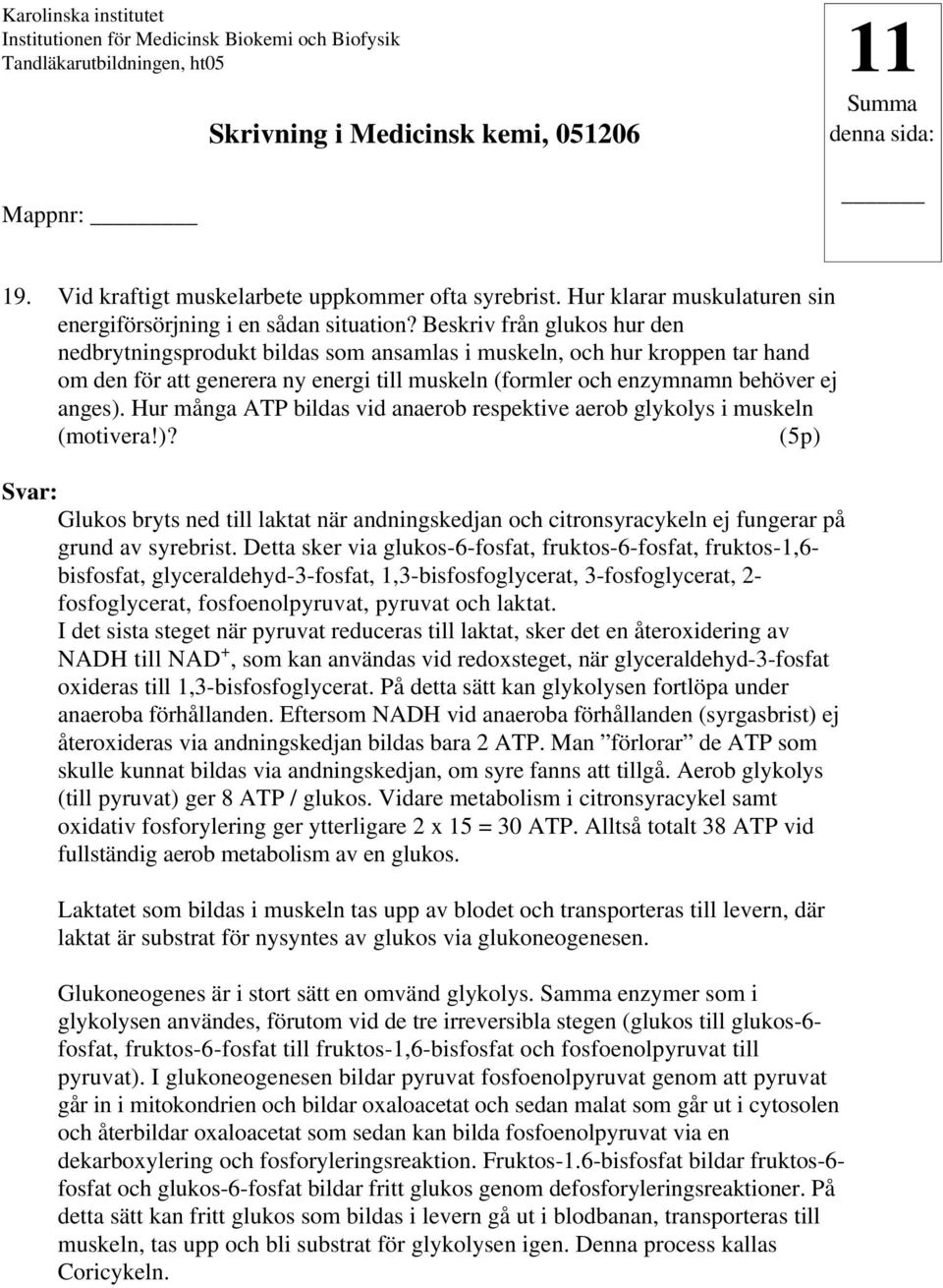 Hur många ATP bildas vid anaerob respektive aerob glykolys i muskeln (motivera!)? (5p) Svar: Glukos bryts ned till laktat när andningskedjan och citronsyracykeln ej fungerar på grund av syrebrist.