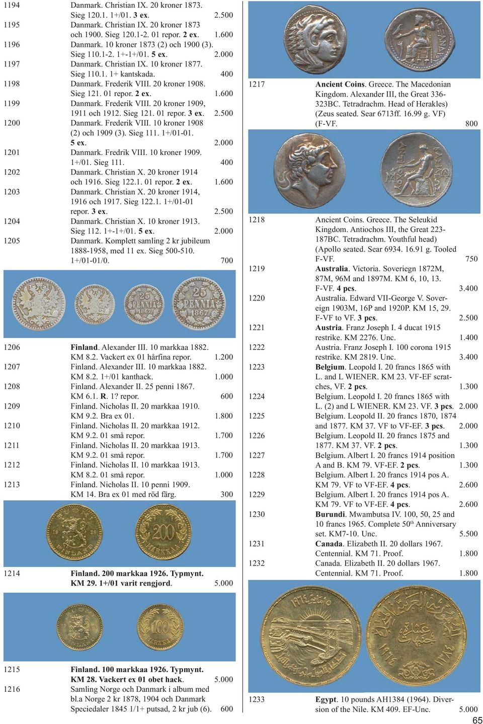 01 repor. 2 ex. 1.600 1199 Danmark. Frederik VIII. 20 kroner 1909, 1911 och 1912. Sieg 121. 01 repor. 3 ex. 2.500 1200 Danmark. Frederik VIII. 10 kroner 1908 (2) och 1909 (3). Sieg 111. 1+/01-01.