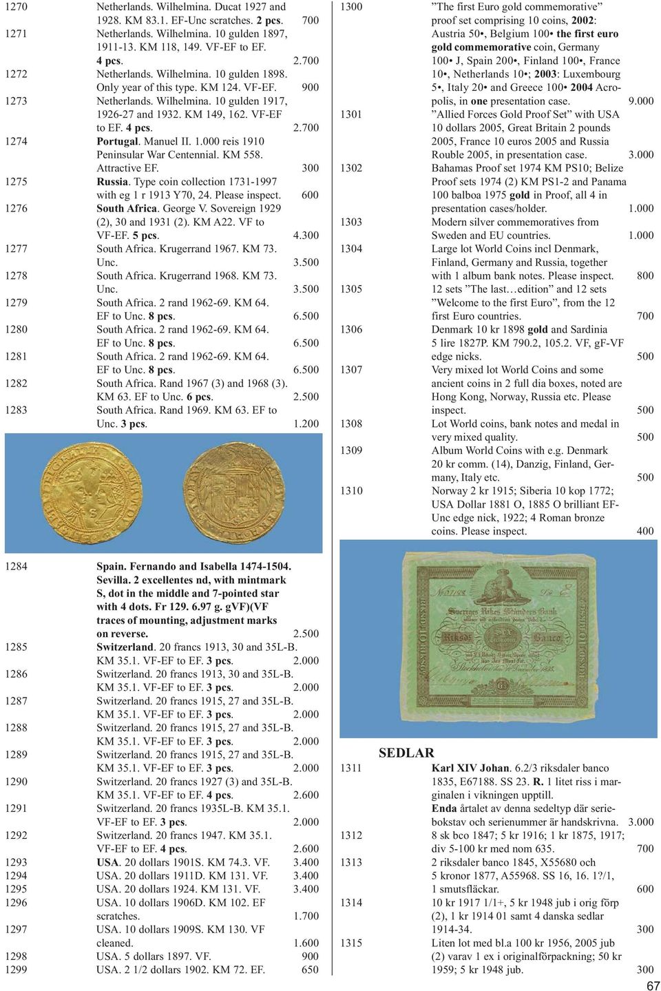 1.000 reis 1910 Peninsular War Centennial. KM 558. Attractive EF. 300 1275 Russia. Type coin collection 1731-1997 with eg 1 r 1913 Y70, 24. Please inspect. 600 1276 South Africa. George V.