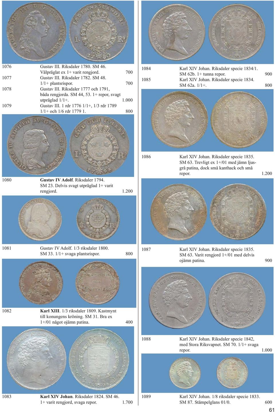 900 1085 Karl XIV Johan. Riksdaler specie 1834. SM 62a. 1/1+. 800 1080 Gustav IV Adolf. Riksdaler 1794. SM 23. Delvis svagt utpräglad 1+ varit rengjord. 1.200 1086 Karl XIV Johan.