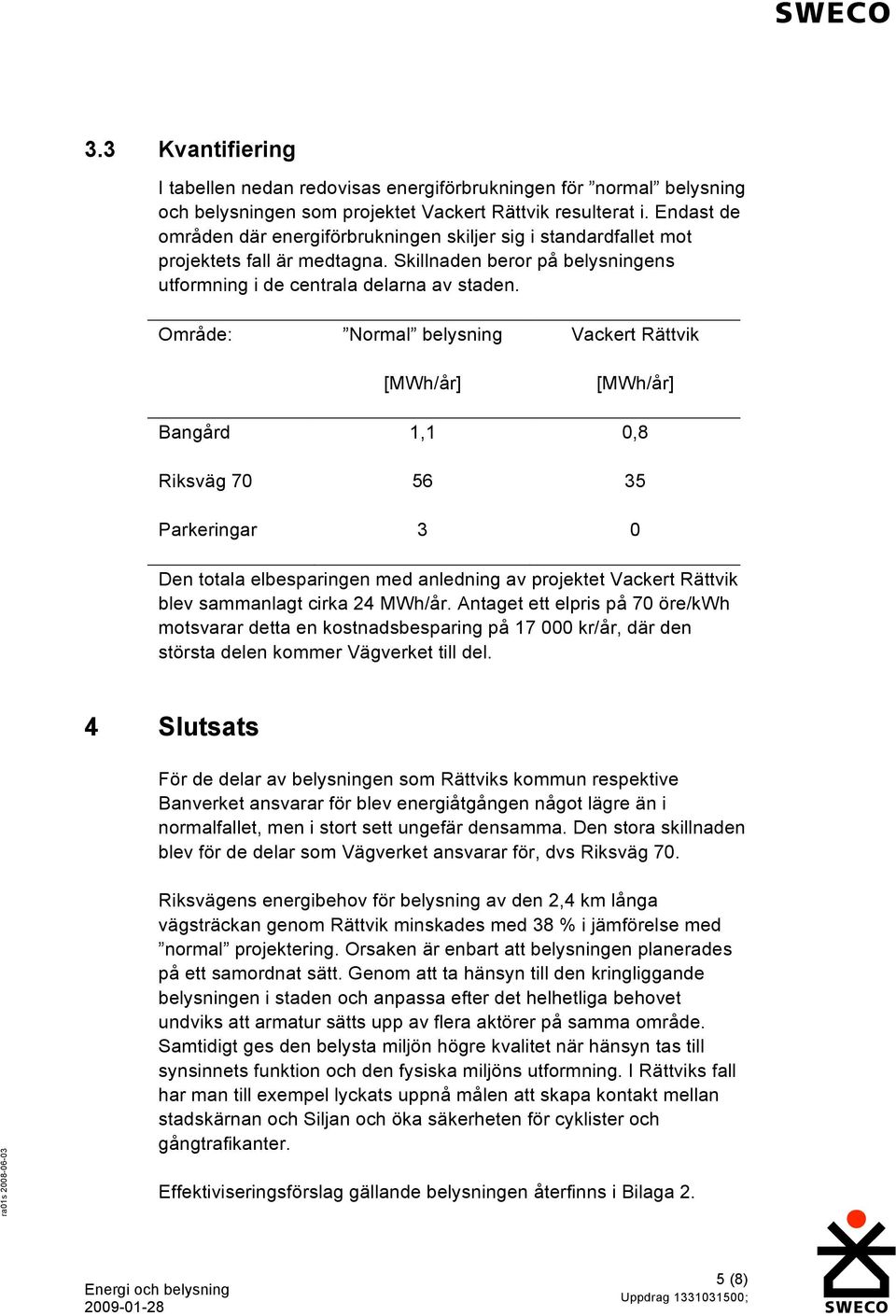 Område: Normal belysning [MWh/år] Vackert Rättvik [MWh/år] Bangård 1,1 0,8 Riksväg 70 56 35 Parkeringar 3 0 Den totala elbesparingen med anledning av projektet Vackert Rättvik blev sammanlagt cirka