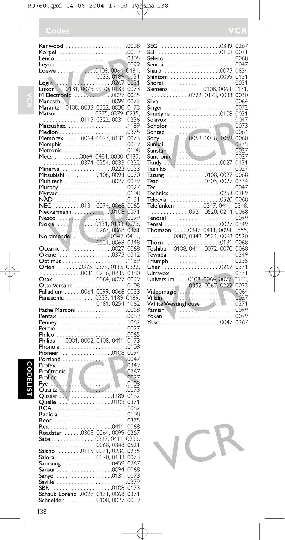 ............375, 379, 235,.............115, 322, 31, 236 Matsushita....................1189 Medion.......................375 Memorex.....64, 27, 131, 73 Memphis.....................99 Metronic.