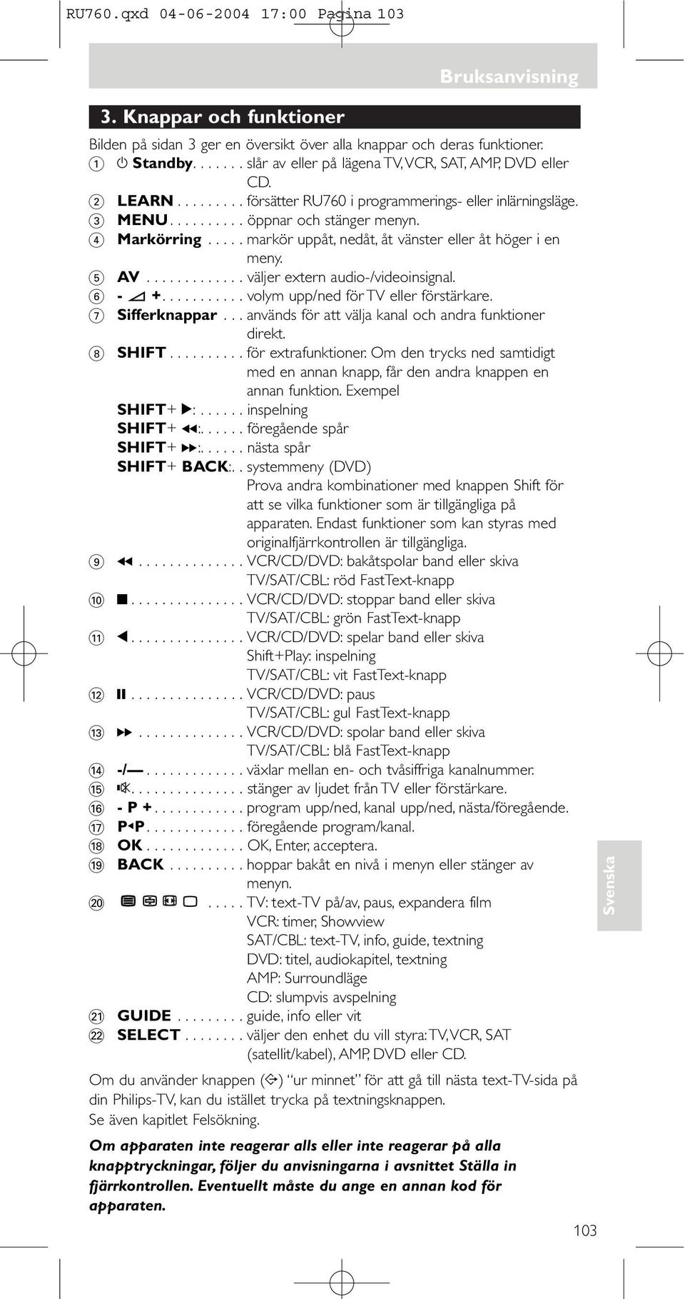 ............ väljer extern audio-/videoinsignal. 6 - a +........... volym upp/ned för eller förstärkare. 7 Sifferknappar... används för att välja kanal och andra funktioner direkt. 8.