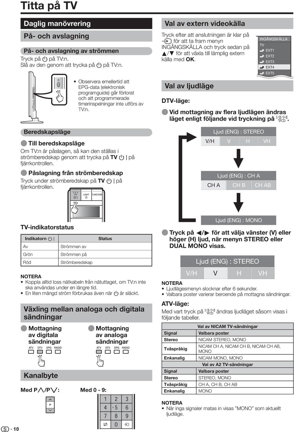 INGÅNGSKÄLLA TV EXT EXT EXT EXT4 EXT5 Observera emellertid att EPG-data (elektronisk programguide) går förlorat och att programmerade timerinspelningar inte utförs av TV:n.