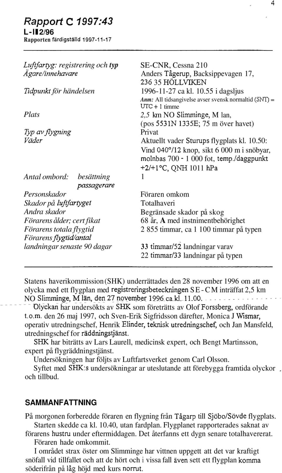 55 i dagsljus Anm: All tidsangivelse avser svensk normaltid (SNT) = UTC + 1 timme Plats 2,5 km NO Slirnminge, M lan, (pos 5531N 1335E; 75 m över havet) Privat Aktuellt vader Stumps flygplats kl. 10.