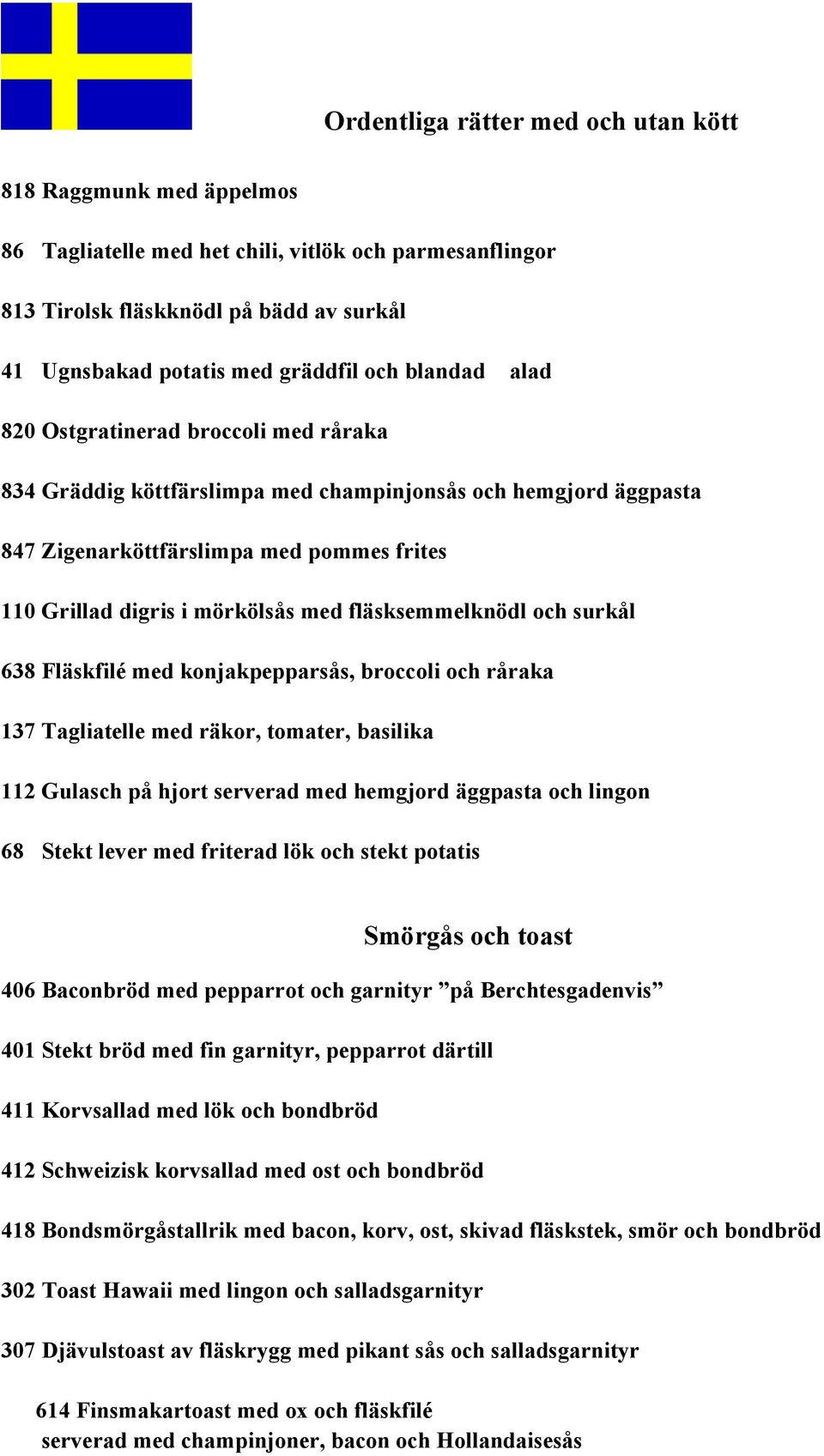 fläsksemmelknödl och surkål 638 Fläskfilé med konjakpepparsås, broccoli och råraka 137 Tagliatelle med räkor, tomater, basilika 112 Gulasch på hjort serverad med hemgjord äggpasta och lingon 68 Stekt