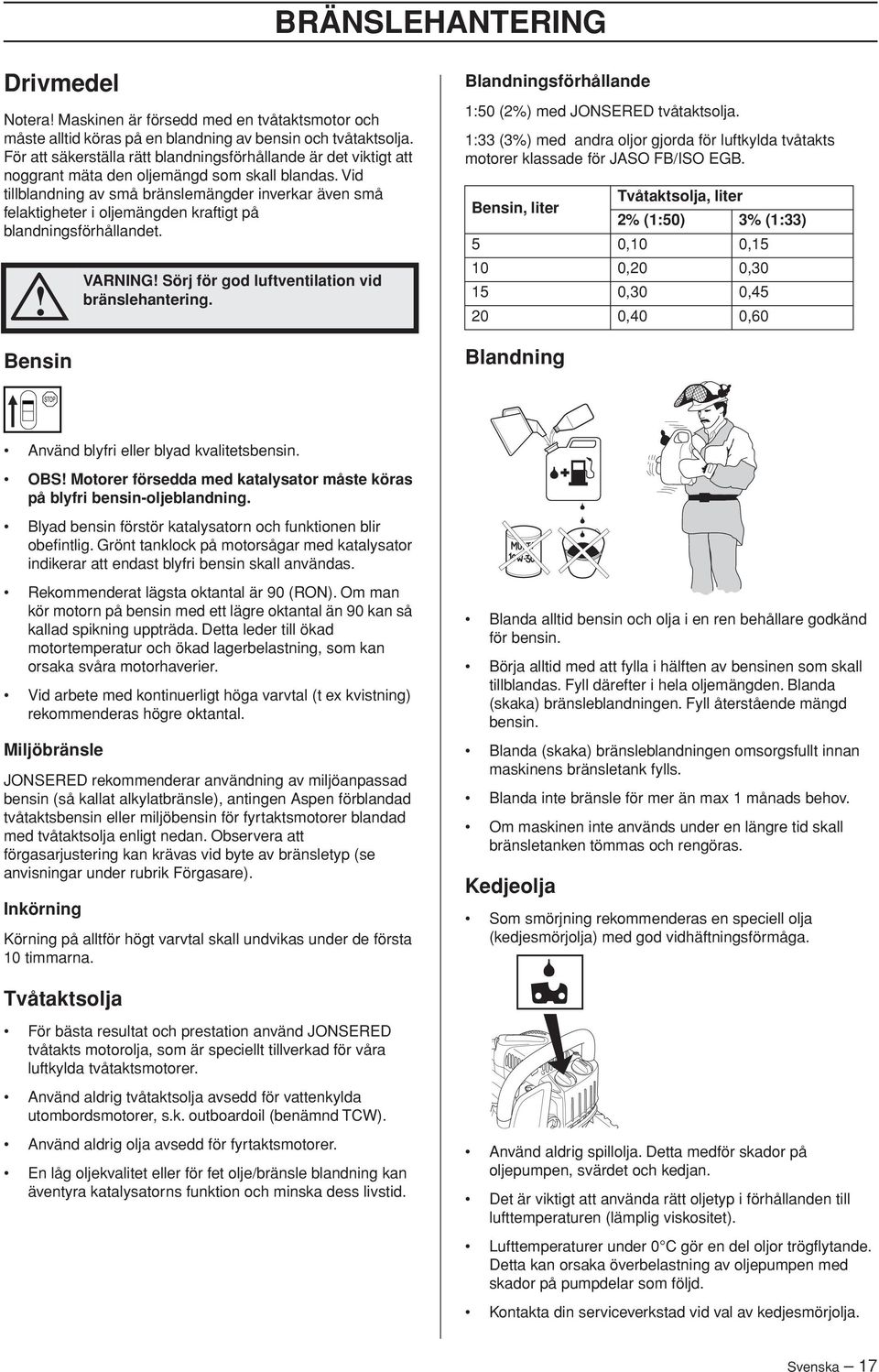 Vid tillblandning av små bränslemängder inverkar även små felaktigheter i oljemängden kraftigt på blandningsförhållandet. Bensin VARNING Sörj för god luftventilation vid bränslehantering.