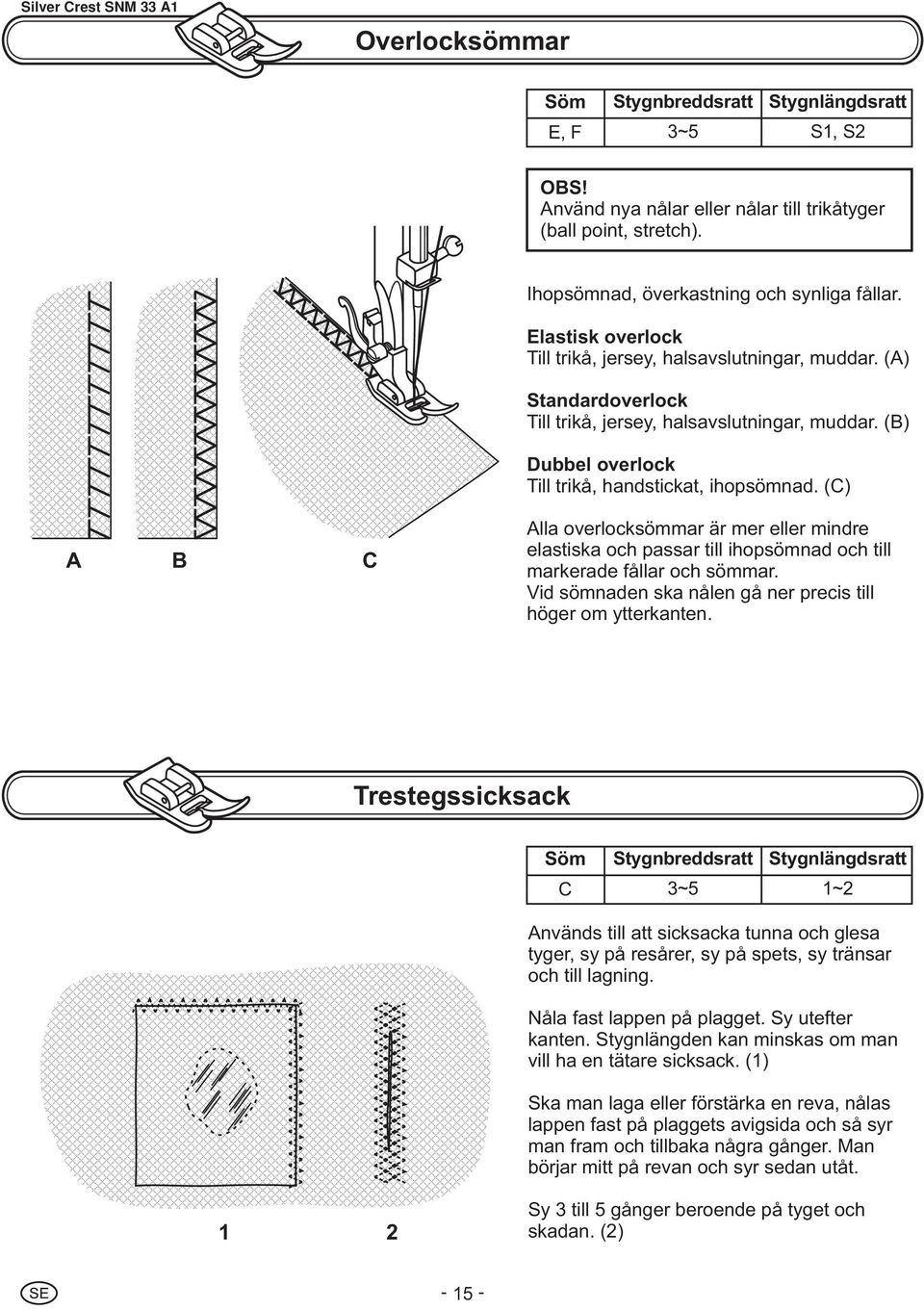 (C) A B C Alla overlocksömmar är mer eller mindre elastiska och passar till ihopsömnad och till markerade fållar och sömmar. Vid sömnaden ska nålen gå ner precis till höger om ytterkanten.