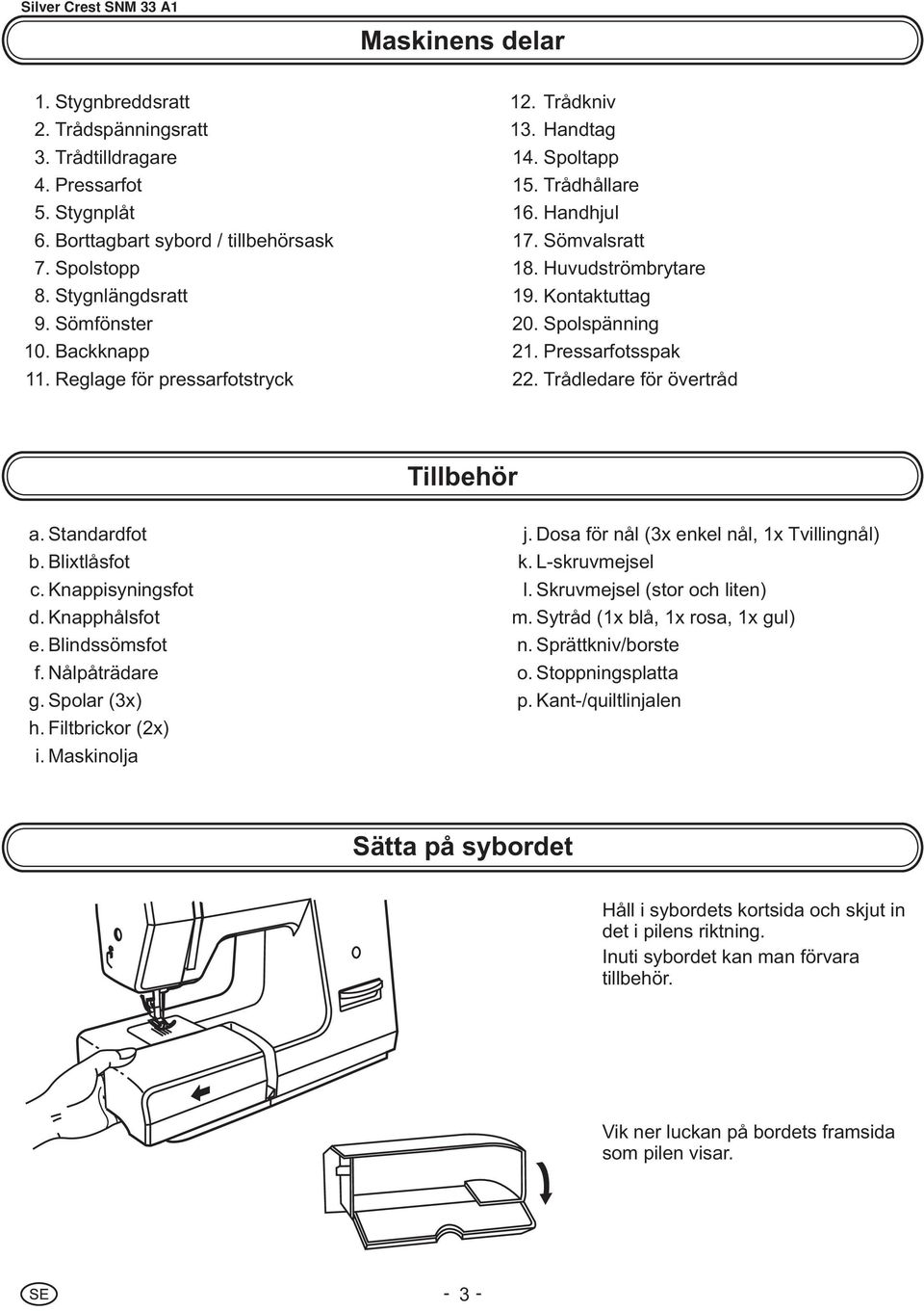 Pressarfotsspak 22. Trådledare för övertråd Tillbehör a. Standardfot b. Blixtlåsfot c. Knappisyningsfot d. Knapphålsfot e. Blindssömsfot f. Nålpåträdare g. Spolar (3x) h. Filtbrickor (2x) i.