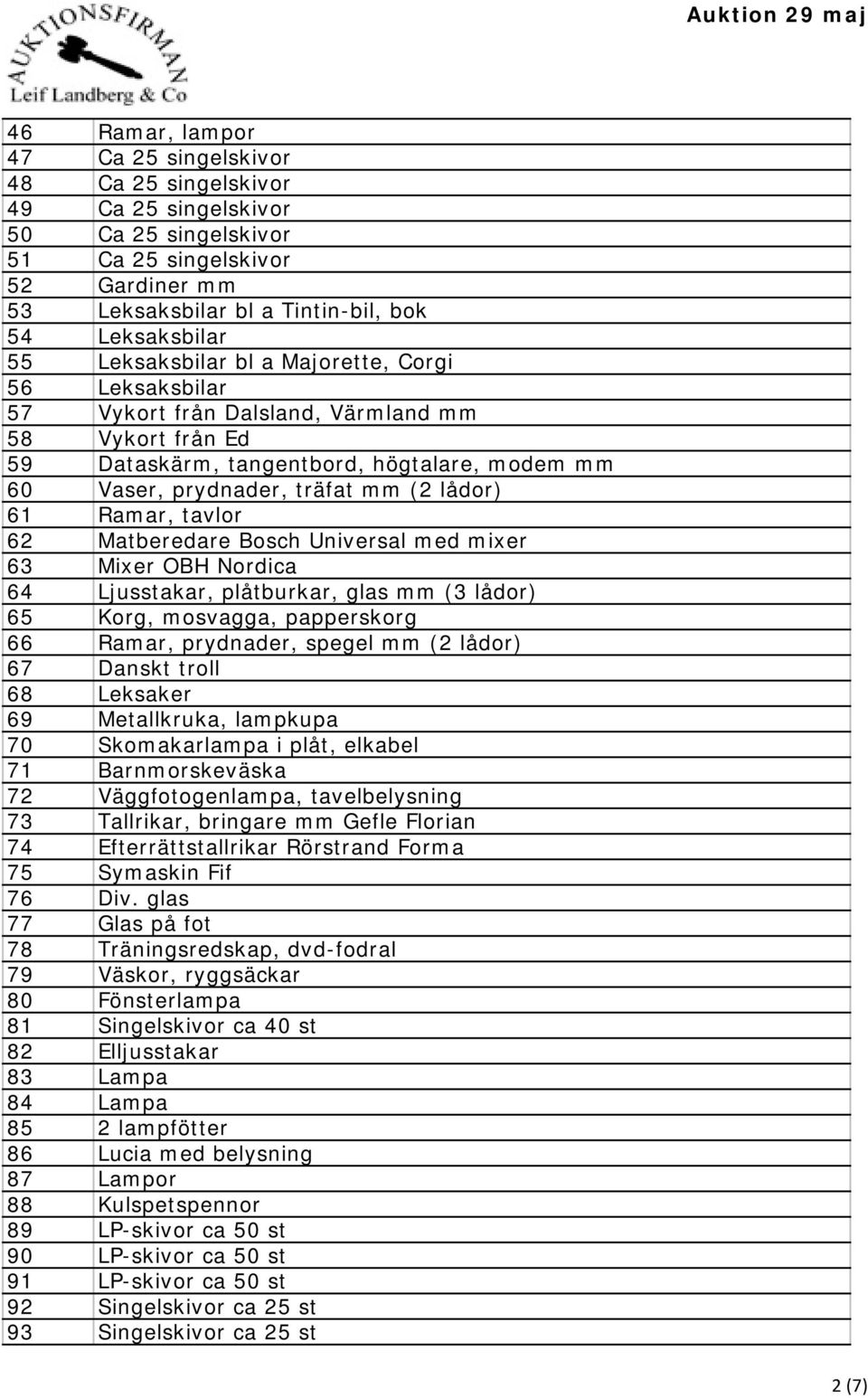 Ramar, tavlor 62 Matberedare Bosch Universal med mixer 63 Mixer OBH Nordica 64 Ljusstakar, plåtburkar, glas mm (3 lådor) 65 Korg, mosvagga, papperskorg 66 Ramar, prydnader, spegel mm (2 lådor) 67