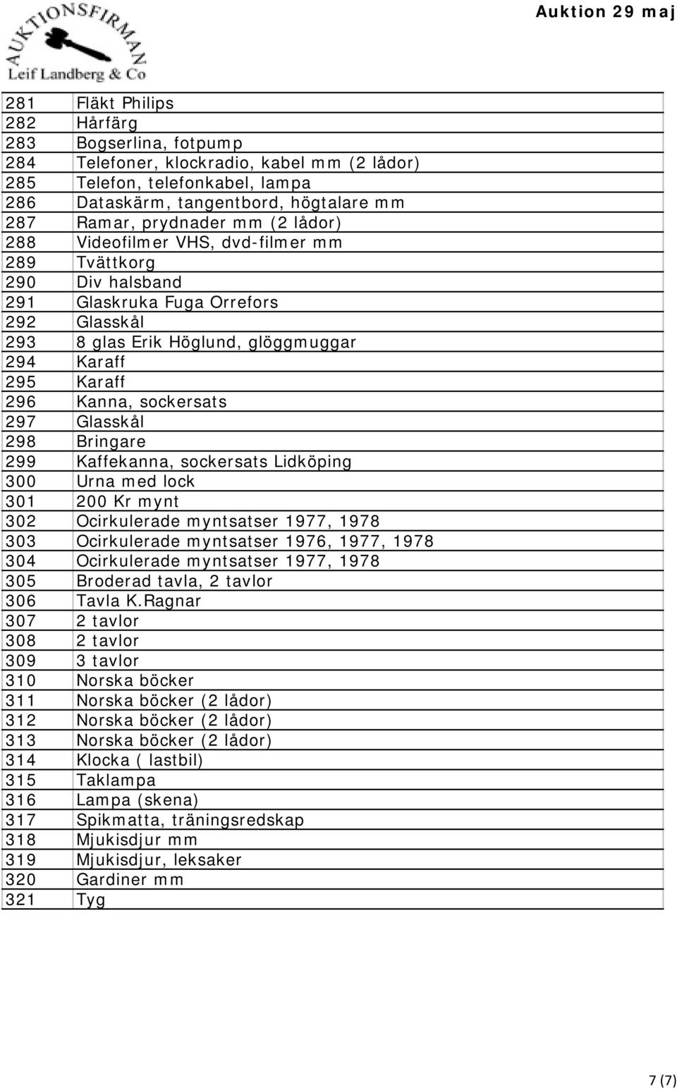297 Glasskål 298 Bringare 299 Kaffekanna, sockersats Lidköping 300 Urna med lock 301 200 Kr mynt 302 Ocirkulerade myntsatser 1977, 1978 303 Ocirkulerade myntsatser 1976, 1977, 1978 304 Ocirkulerade