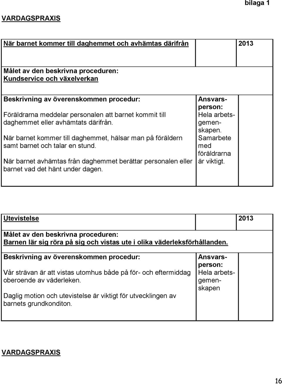 När barnet avhämtas från daghemmet berättar personalen eller barnet vad det hänt under dagen. Ansvarsperson: Hela arbetsgemenskapen. Samarbete med föräldrarna är viktigt.