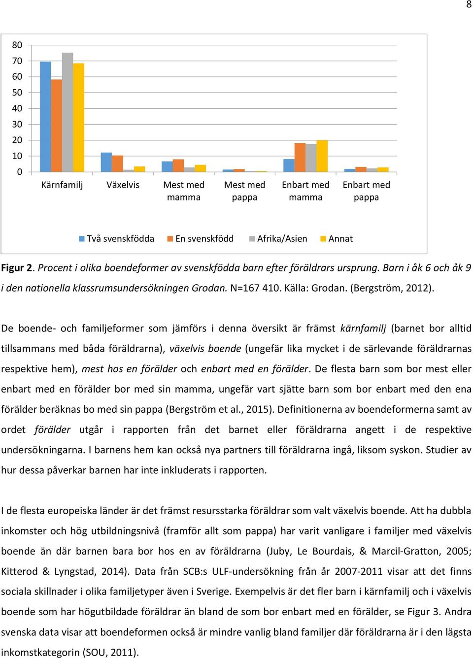 De boende- och familjeformer som jämförs i denna översikt är främst kärnfamilj (barnet bor alltid tillsammans med båda föräldrarna), växelvis boende (ungefär lika mycket i de särlevande föräldrarnas