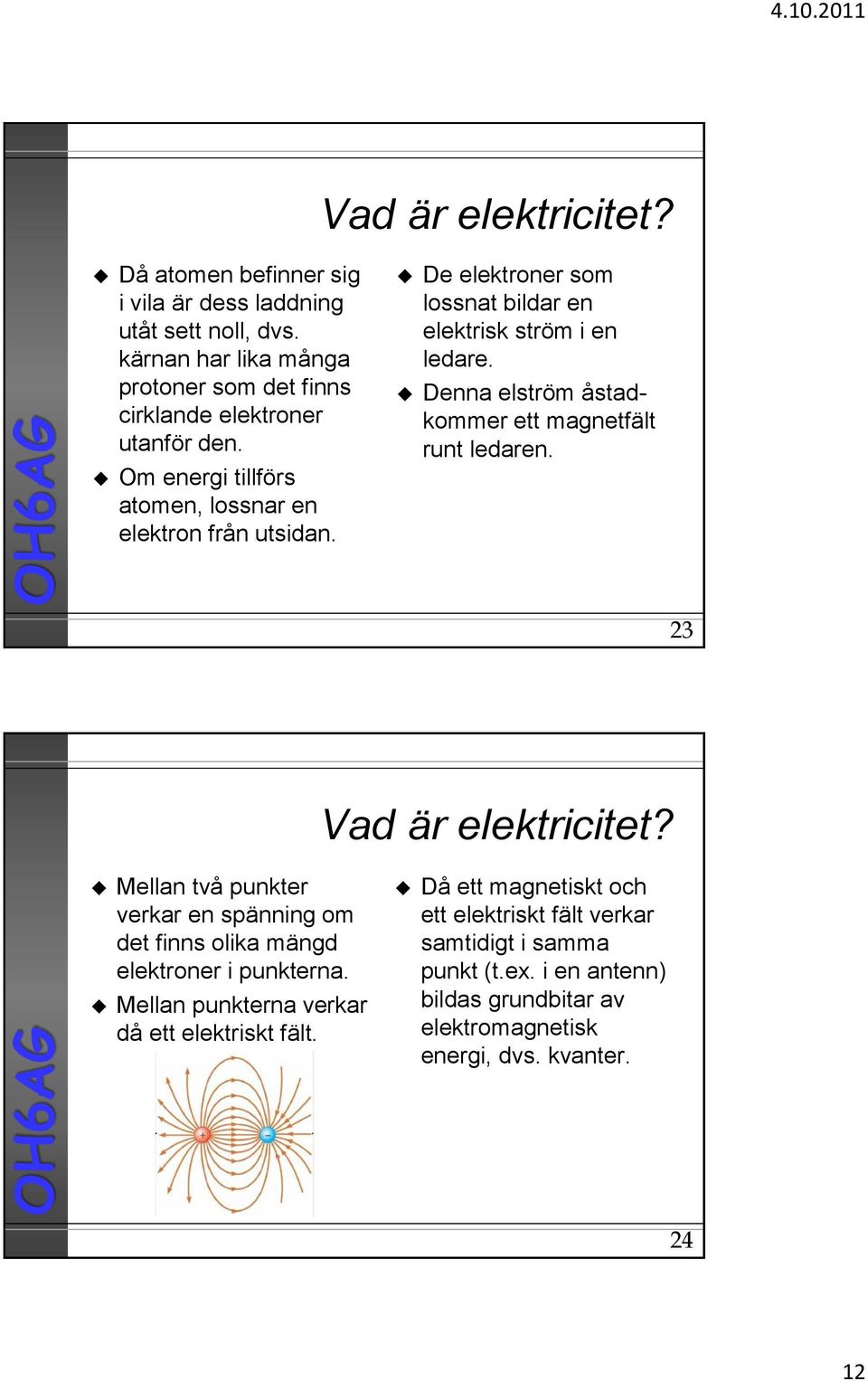 Denna elström åstadkommer ett magnetfält runt ledaren. 23 Vad är elektricitet? Mellan två punkter verkar en spänning om det finns olika mängd elektroner i punkterna.