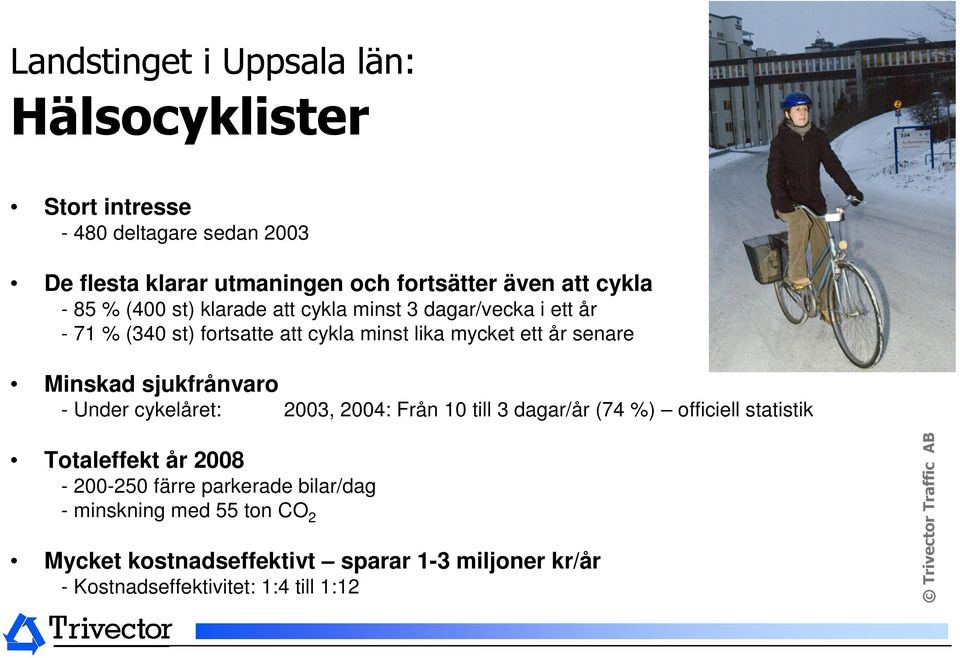 Minskad sjukfrånvaro - Under cykelåret: 2003, 2004: Från 10 till 3 dagar/år (74 %) officiell statistik Totaleffekt år 2008-200-250 färre