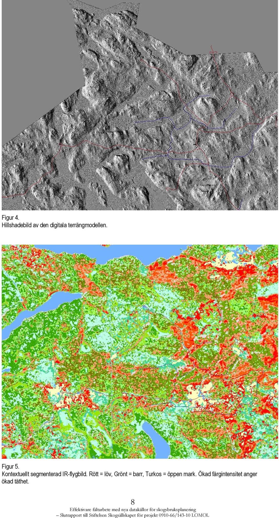 Rött = löv, Grönt = barr, Turkos = öppen mark.