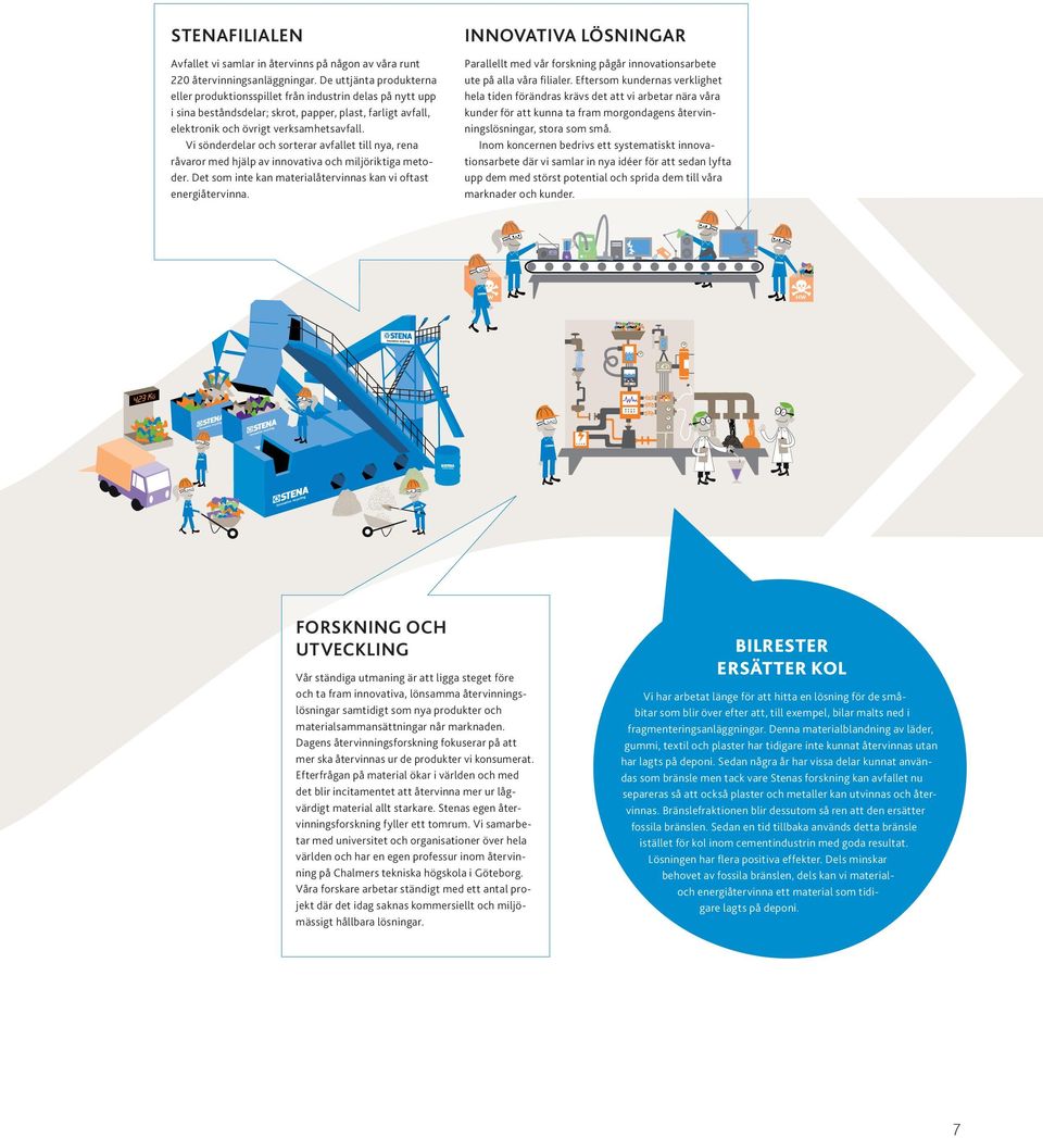 Vi sönderdelar och sorterar avfallet till nya, rena råvaror med hjälp av innovativa och miljöriktiga metoder. Det som inte kan materialåtervinnas kan vi oftast energiåtervinna.
