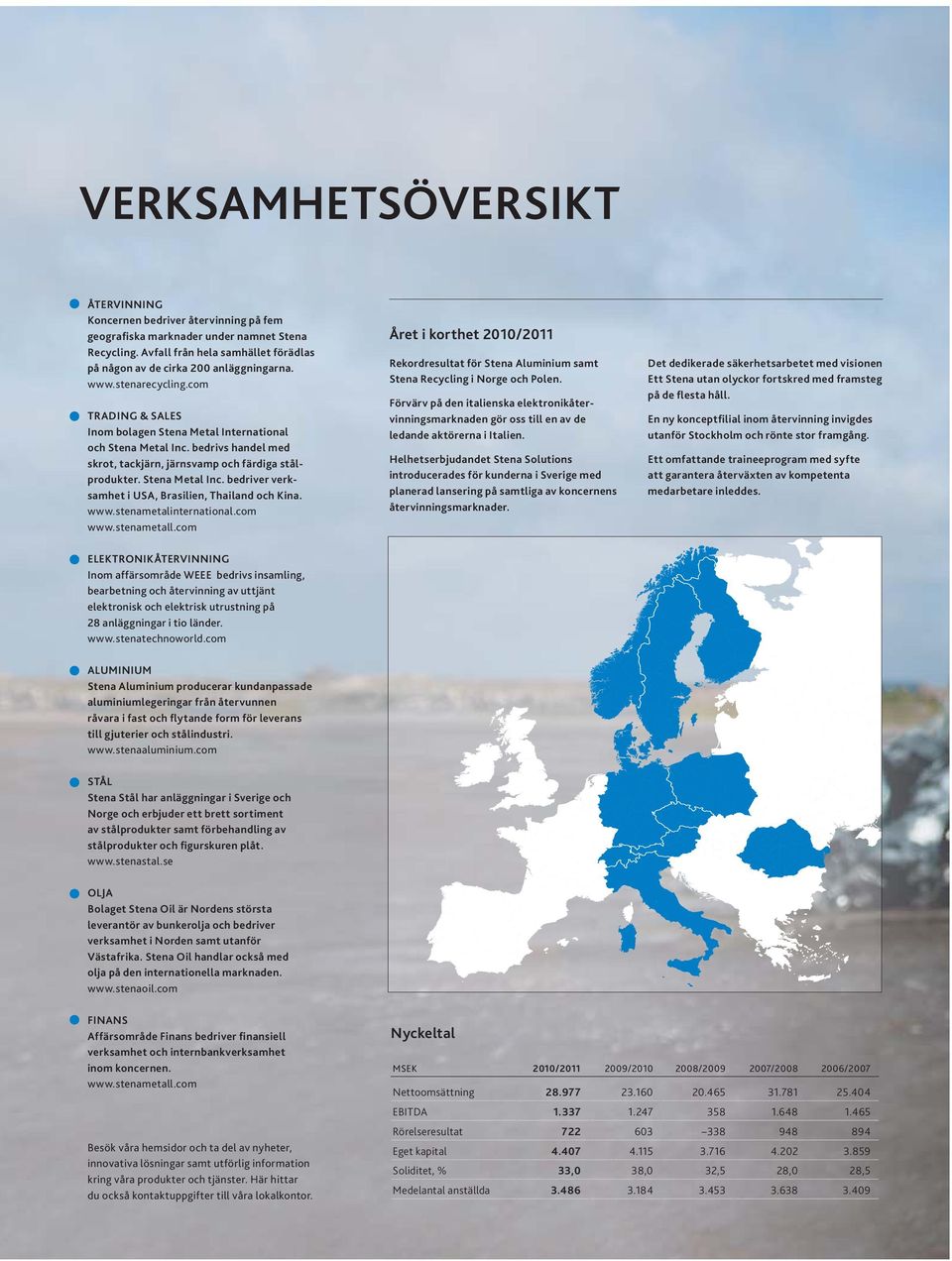 www.stenametalinternational.com www.stenametall.com Året i korthet 2010/2011 Rekordresultat för Stena Aluminium samt Stena Recycling i Norge och Polen.