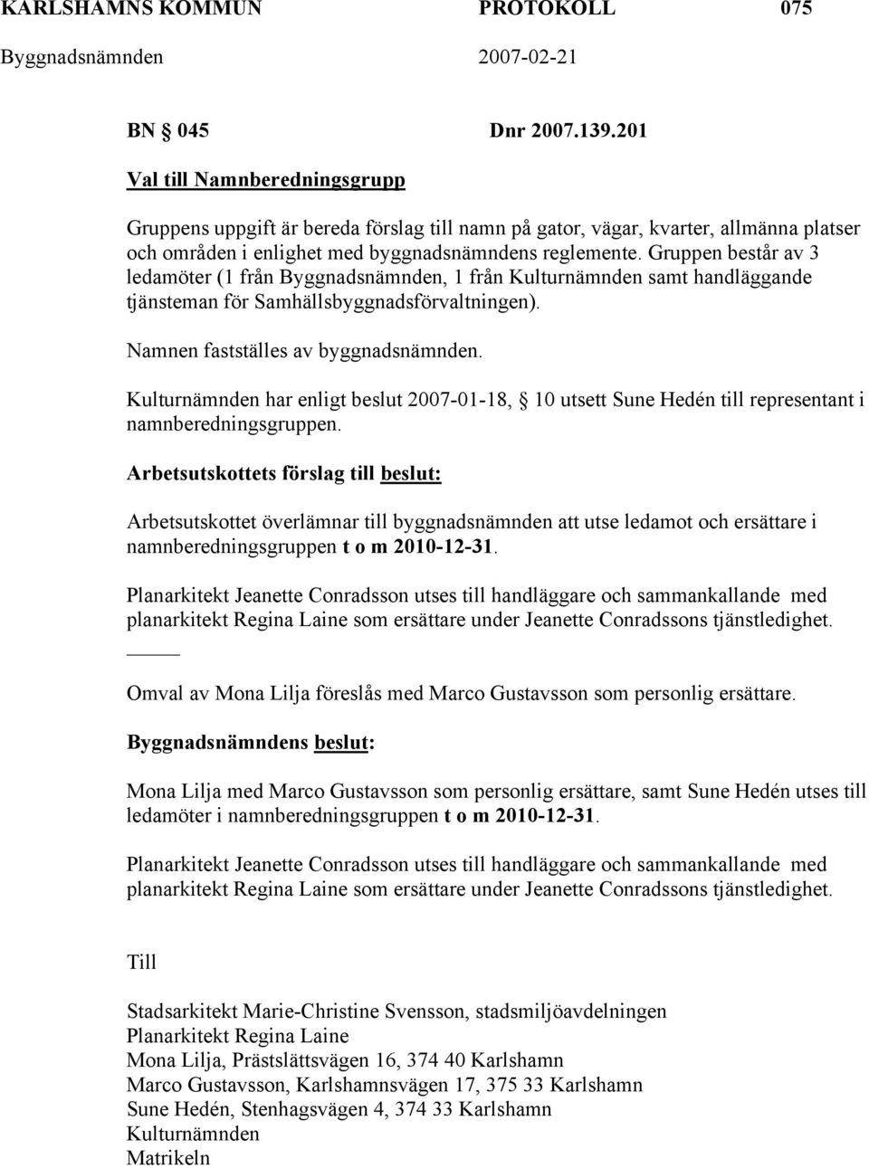 Gruppen består av 3 ledamöter (1 från Byggnadsnämnden, 1 från Kulturnämnden samt handläggande tjänsteman för Samhällsbyggnadsförvaltningen). Namnen fastställes av byggnadsnämnden.