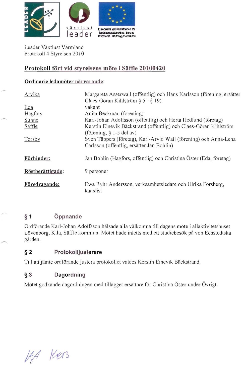 (offentlig) och Hans Karlsson (förening, ersätter Claes-Göran Kihlström 5-19) vakant Anita Beckman (förening) Karl-Johan AdoJfsson (offentlig) och Herta Hedlund (företag) Kerstin Einevik Bäckstrand