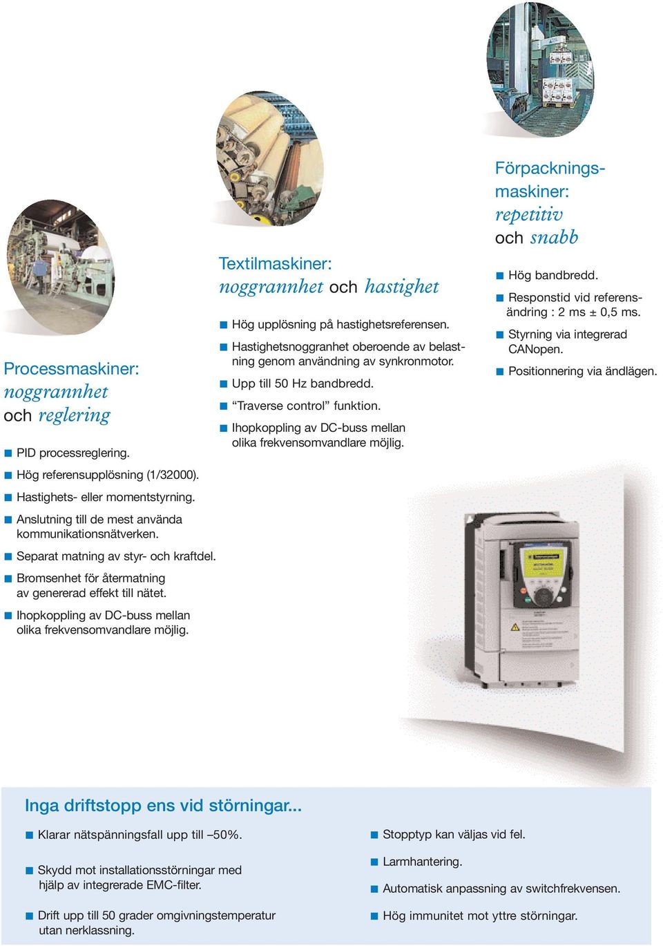 Textilmaskiner: noggrannhet och hastighet Hög upplösning på hastighetsreferensen. Hastighetsnoggranhet oberoende av belastning genom användning av synkronmotor. Upp till 50 Hz bandbredd.