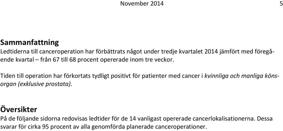 Tiden till operation har förkortats tydligt positivt för patienter med cancer i kvinnliga och manliga könsorgan (exklusive