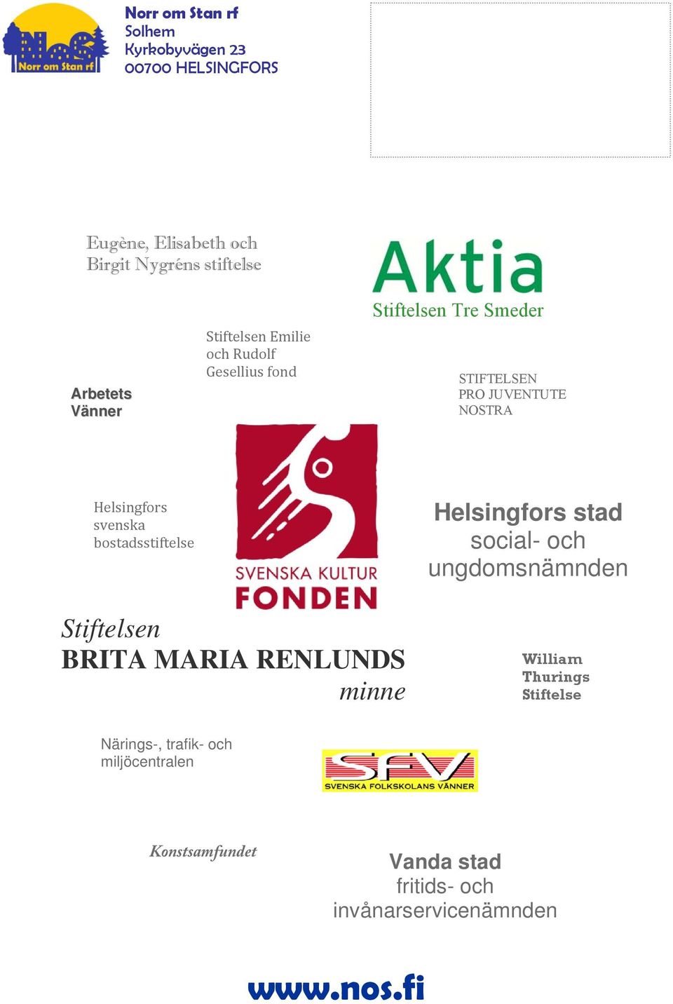 svenska bostadsstiftelse Helsingfors stad social- och ungdomsnämnden Stiftelsen BRITA MARIA RENLUNDS minne William