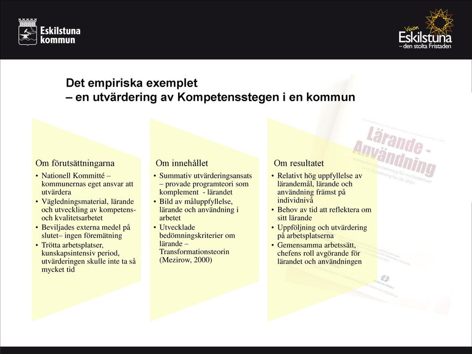 utvärderingsansats provade programteori som komplement - lärandet Bild av måluppfyllelse, lärande och användning i arbetet Utvecklade bedömningskriterier om lärande Transformationsteorin (Mezirow,