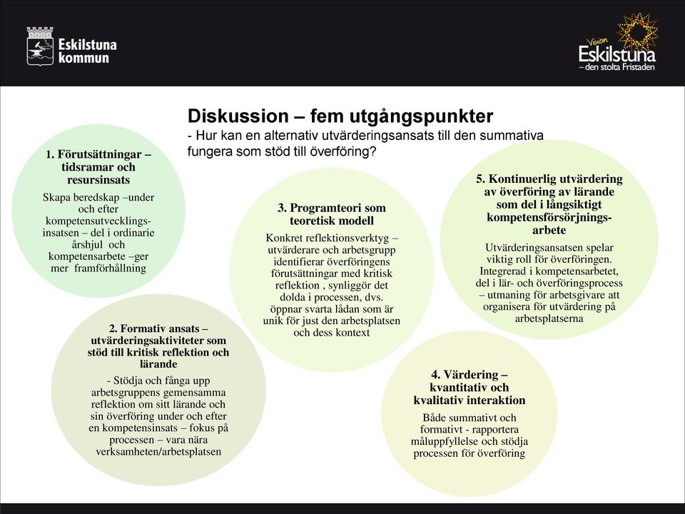 kompetensinsats fokus på processen vara nära verksamheten/arbetsplatsen Diskussion fem utgångspunkter - Hur kan en alternativ utvärderingsansats till den summativa fungera som stöd till överföring? 3.