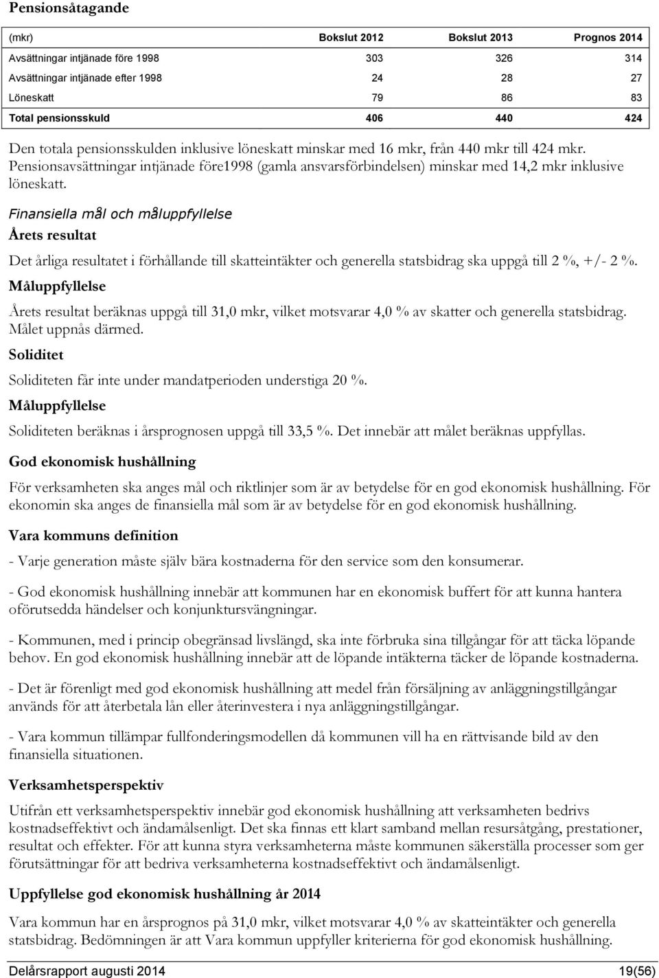 Pensionsavsättningar intjänade före1998 (gamla ansvarsförbindelsen) minskar med 14,2 mkr inklusive löneskatt.