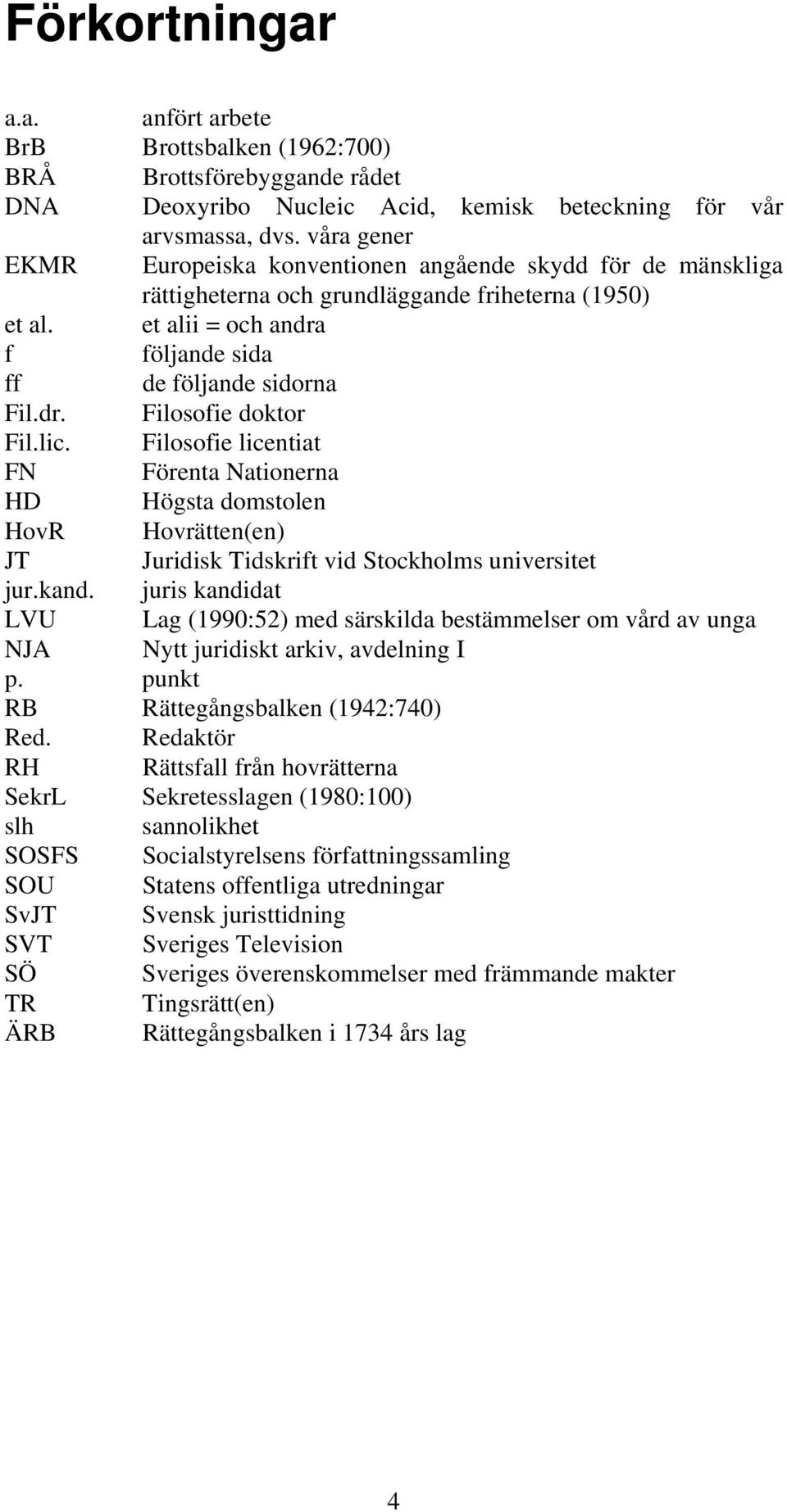 lic. Filosofie licentiat FN Förenta Nationerna HD Högsta domstolen HovR Hovrätten(en) JT Juridisk Tidskrift vid Stockholms universitet jur.kand.