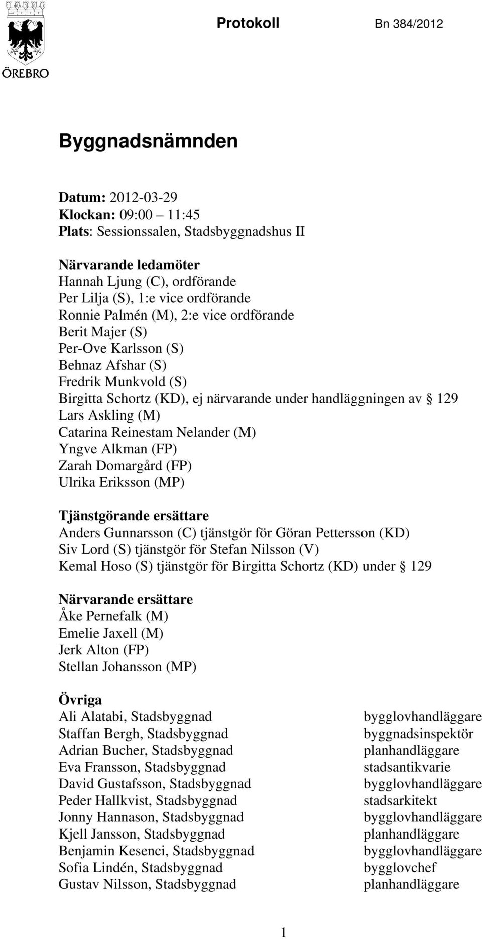 Askling (M) Catarina Reinestam Nelander (M) Yngve Alkman (FP) Zarah Domargård (FP) Ulrika Eriksson (MP) Tjänstgörande ersättare Anders Gunnarsson (C) tjänstgör för Göran Pettersson (KD) Siv Lord (S)