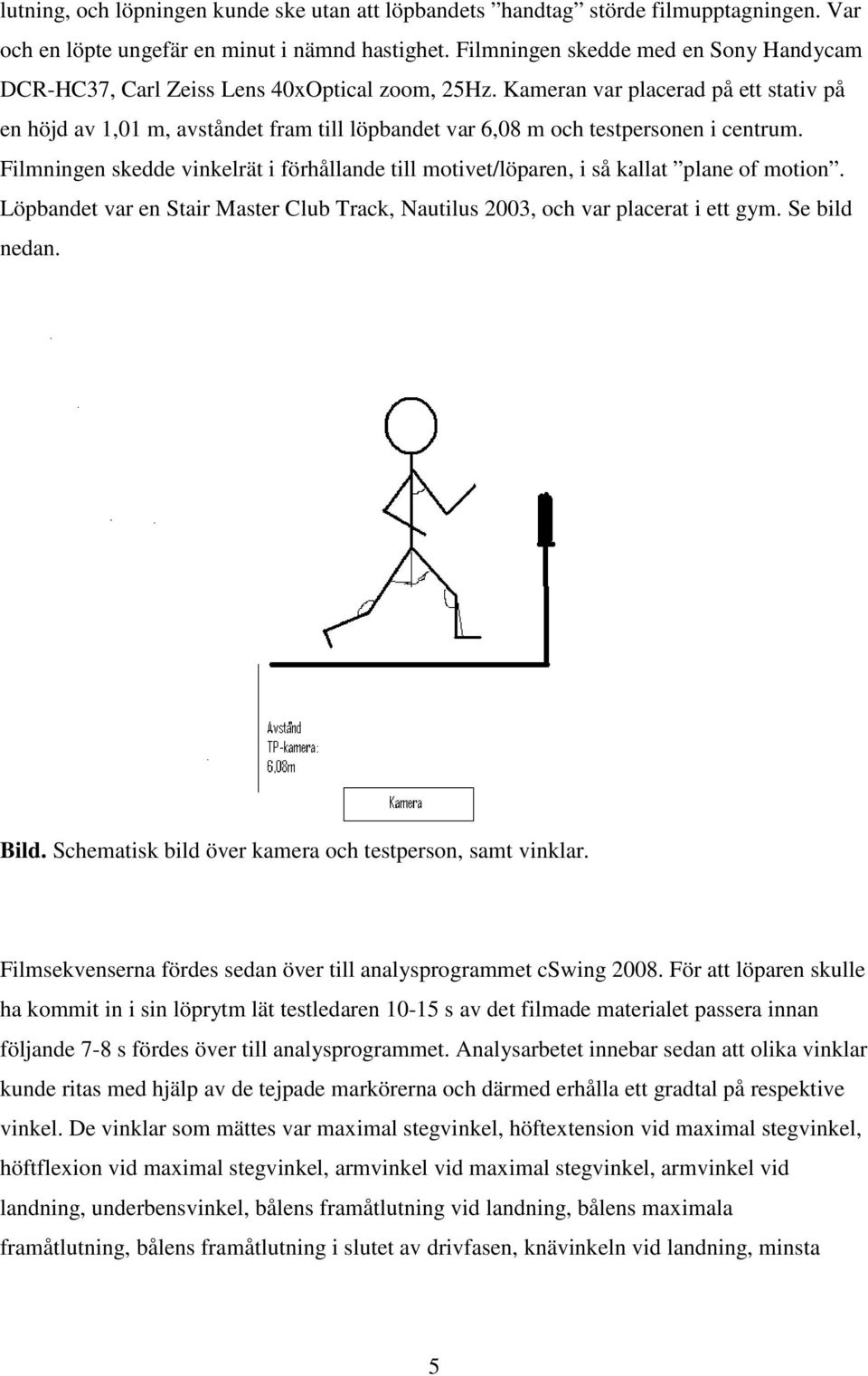 Kameran var placerad på ett stativ på en höjd av 1,01 m, avståndet fram till löpbandet var 6,08 m och testpersonen i centrum.