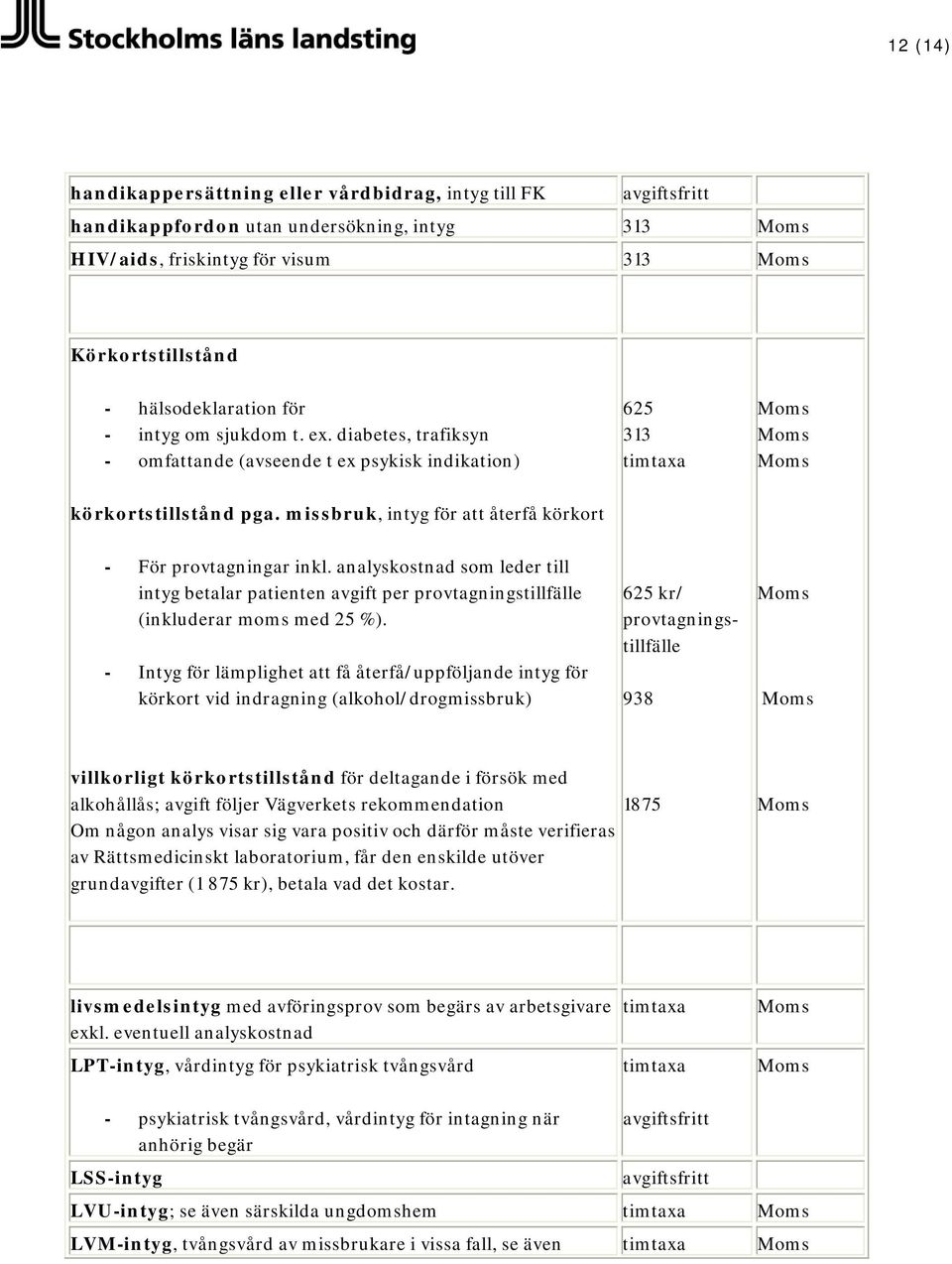 analyskostnad som leder till intyg betalar patienten avgift per provtagningstillfälle (inkluderar moms med 25 %).