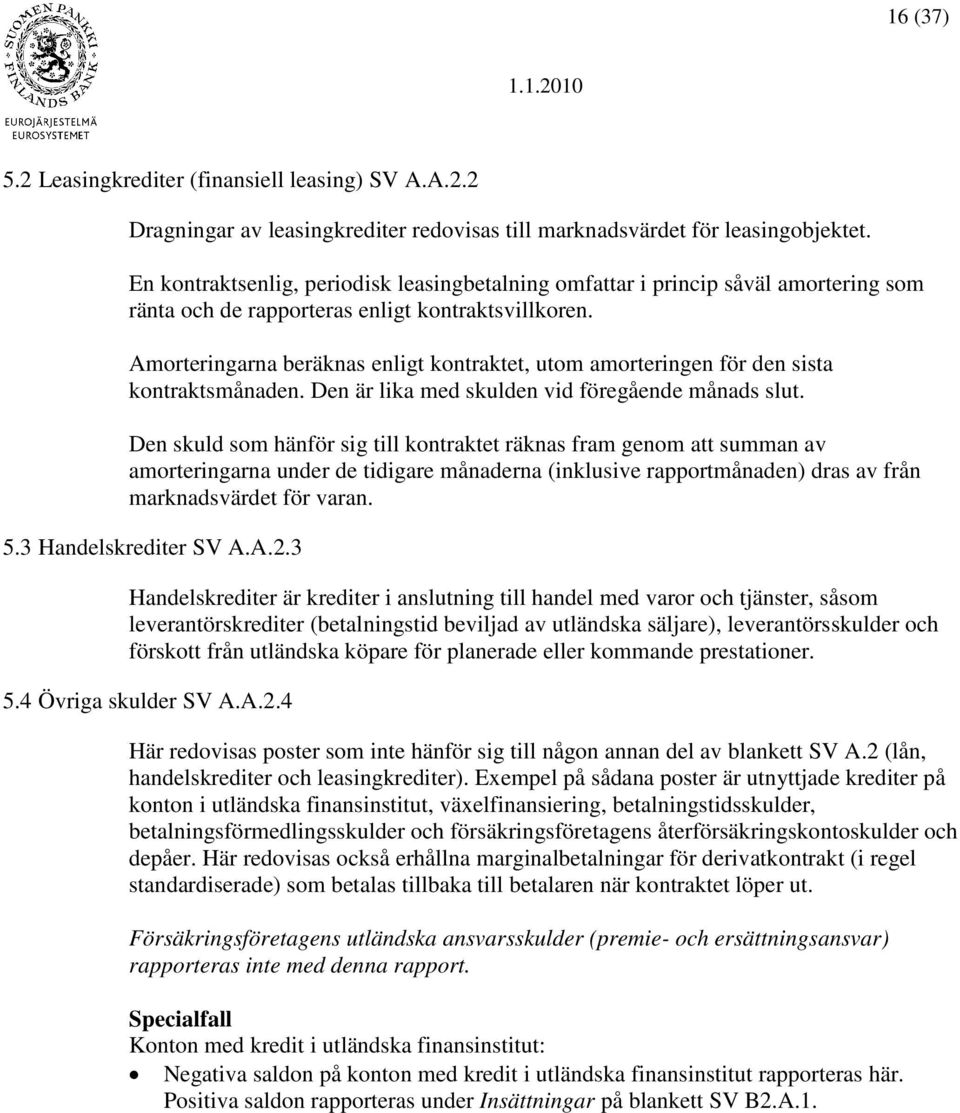 Amorteringarna beräknas enligt kontraktet, utom amorteringen för den sista kontraktsmånaden. Den är lika med skulden vid föregående månads slut.