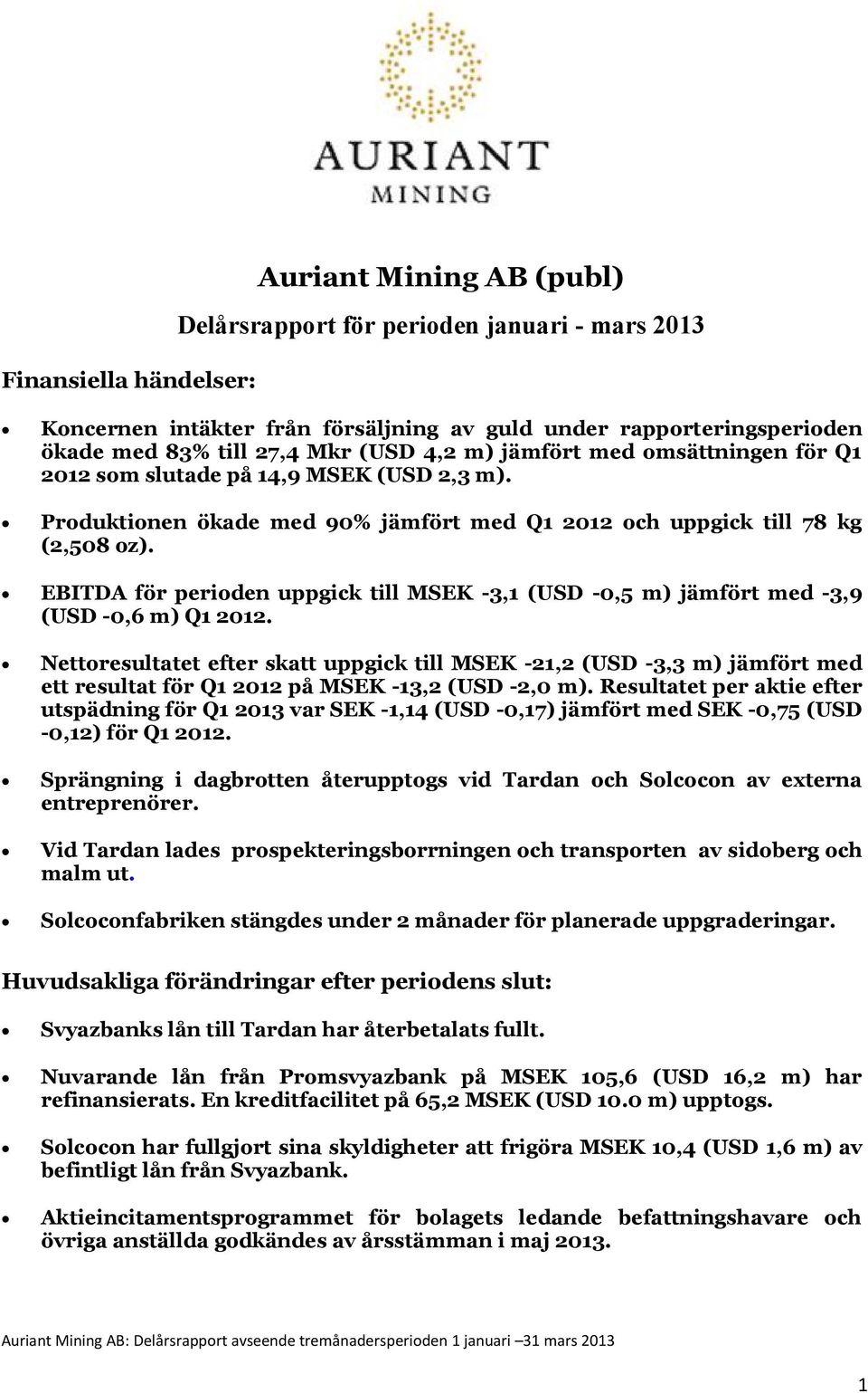 EBITDA för perioden uppgick till MSEK -3,1 (USD -0,5 m) jämfört med -3,9 (USD -0,6 m) Q1 2012.