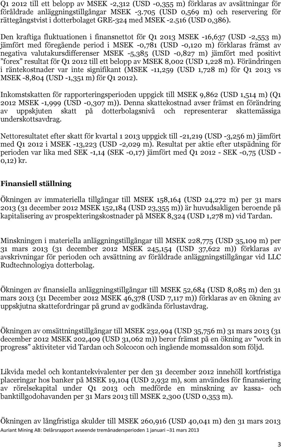 Den kraftiga fluktuationen i finansnettot för Q1 2013 MSEK -16,637 (USD -2,553 m) jämfört med föregående period i MSEK -0,781 (USD -0,120 m) förklaras främst av negativa valutakursdifferenser MSEK