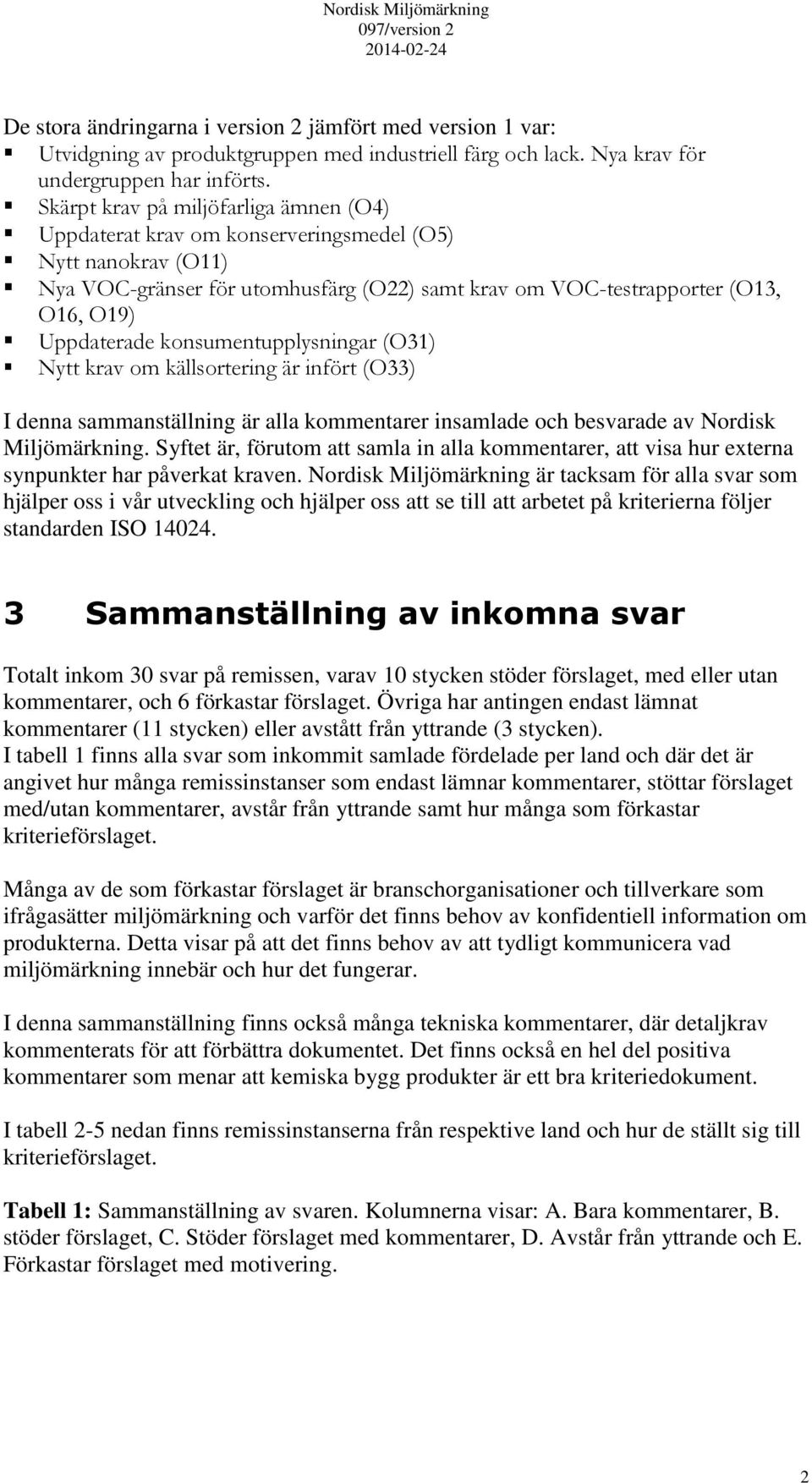 konsumentupplysningar (O31) Nytt krav om källsortering är infört (O33) I denna sammanställning är alla kommentarer insamlade och besvarade av Nordisk Miljömärkning.