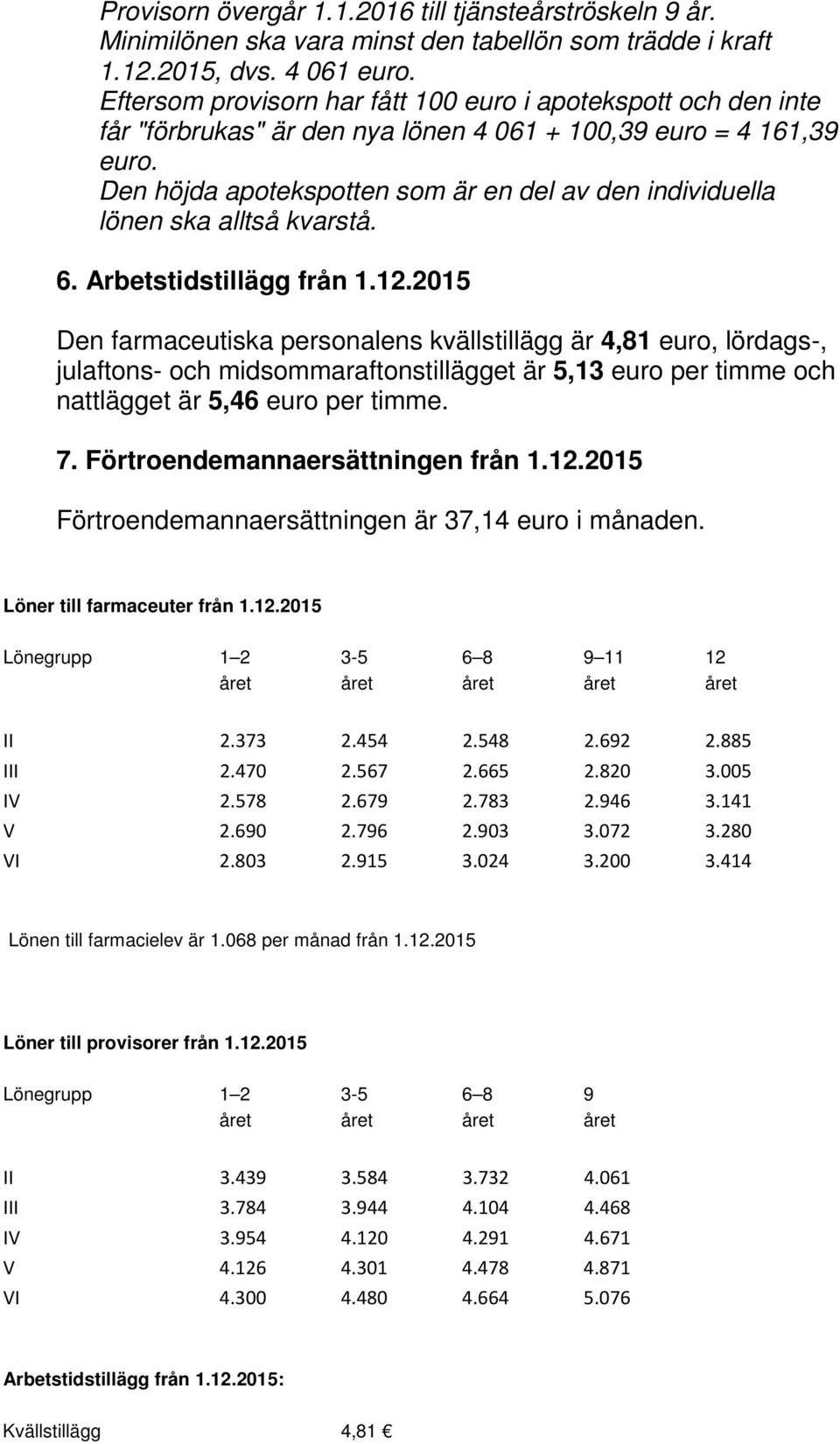 Den höjda apotekspotten som är en del av den individuella lönen ska alltså kvarstå. 6. Arbetstidstillägg från 1.12.