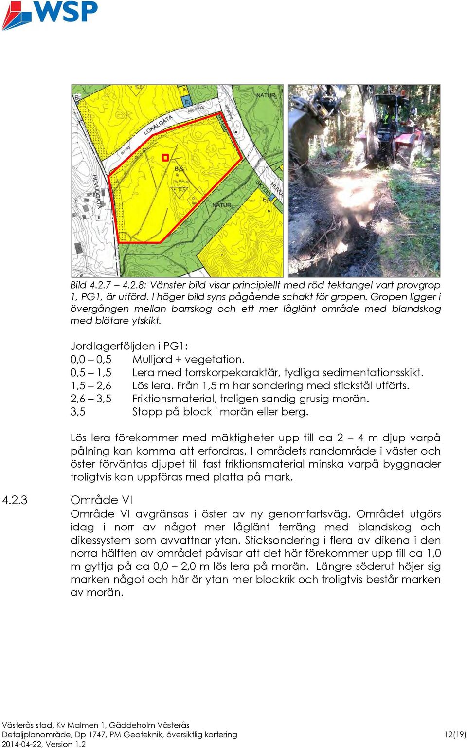 0,5 1,5 Lera med torrskorpekaraktär, tydliga sedimentationsskikt. 1,5 2,6 Lös lera. Från 1,5 m har sondering med stickstål utförts. 2,6 3,5 Friktionsmaterial, troligen sandig grusig morän.