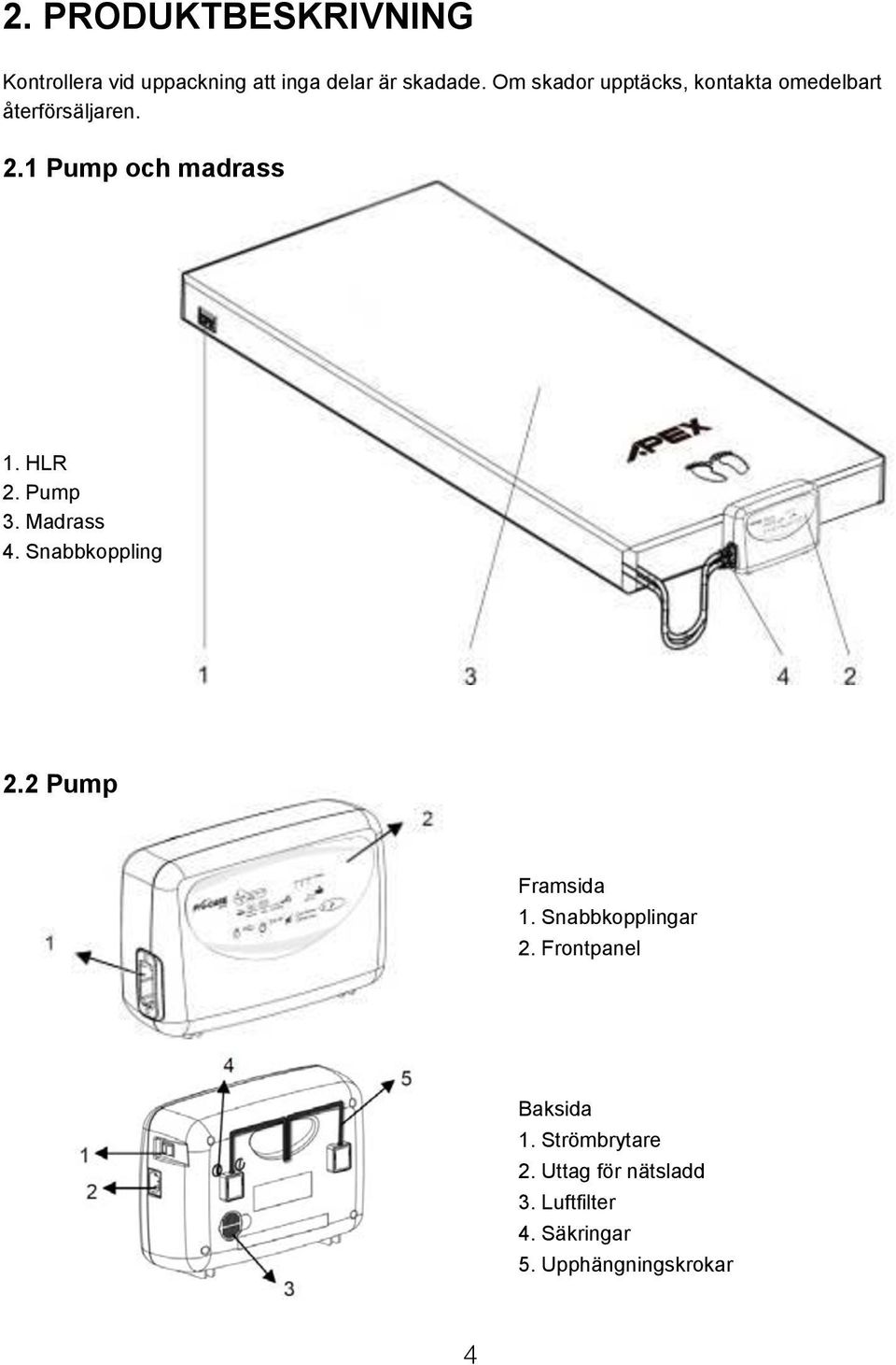 2 2.2 Pump Pump 1. HLR 2.2 Pump 2. Pump 3. Madrass 4. Snabbkoppling Framsida 1. Snabbkopplingar Framsida 2. Frontpanel 1. Framsida Snabbkopplingar 2. 1. Snabbkopplingar Frontpanel 2.