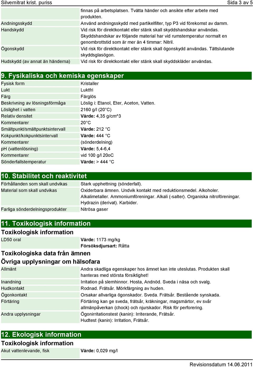 Löslighet i vatten 2160 g/l (20 C) Relativ densitet Värde: 4,35 g/cm^3 Kommentarer 20 C Smältpunkt/smältpunktsintervall Värde: 212 C Kokpunkt/kokpunktsintervall Värde: 444 C Kommentarer