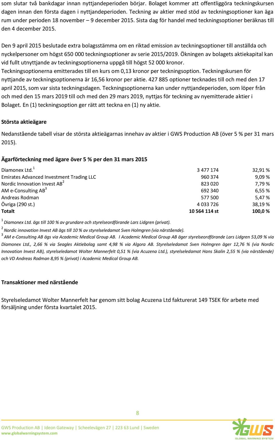 Den 9 april 2015 beslutade extra bolagsstämma om en riktad emission av teckningsoptioner till anställda och nyckelpersoner om högst 650 000 teckningsoptioner av serie 2015/2019.